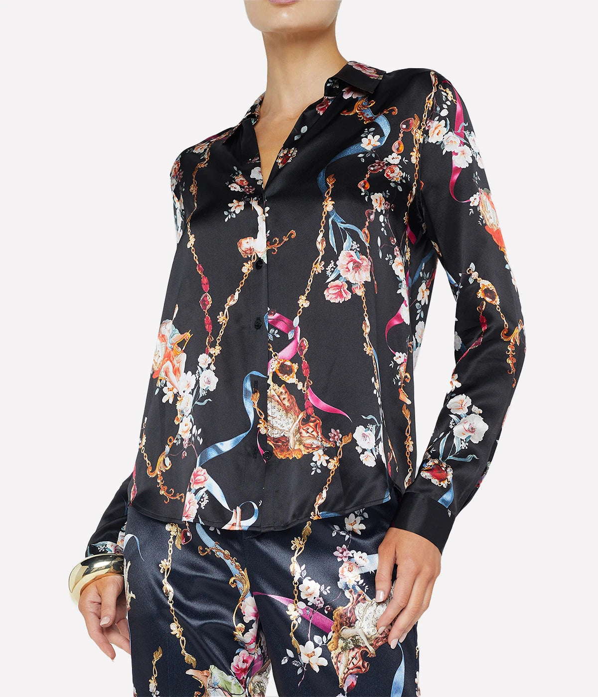 Tyler Long Sleeve Blouse in Black Multi Rococo Angel with rococo-inspired print, long sleeves, and luxurious silk fabric.