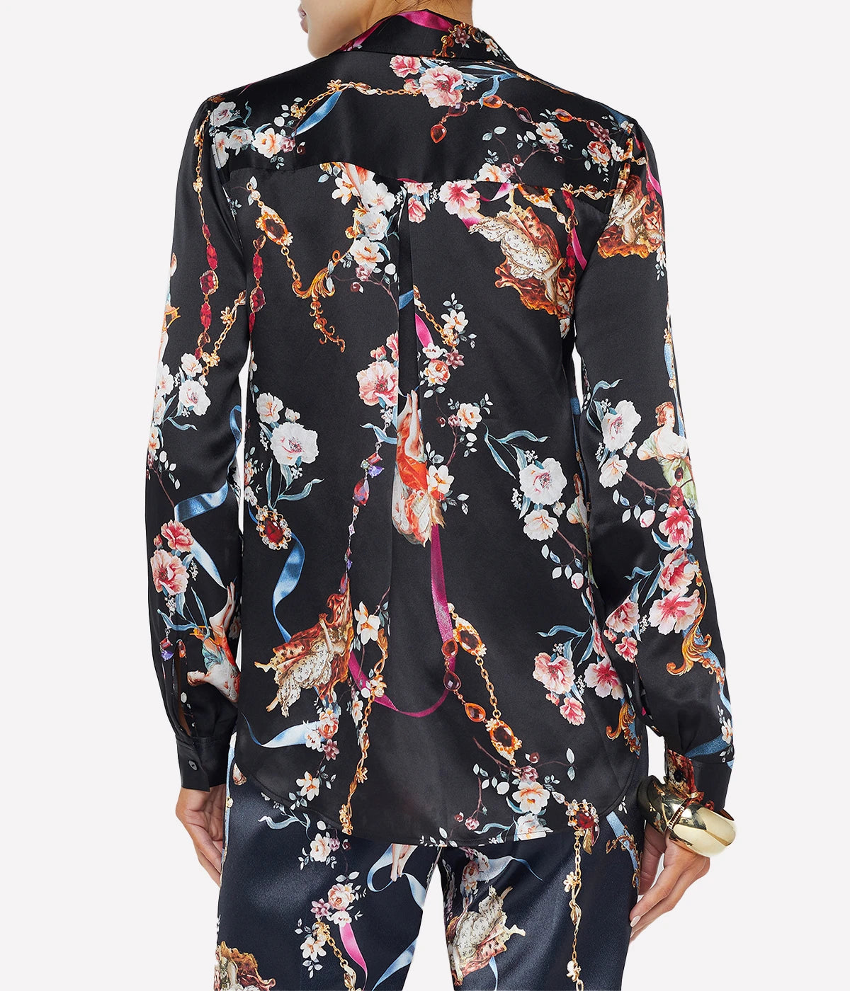 ALT Text: Tyler Long Sleeve Blouse in Black Multi Rococo Angel with rococo-inspired print, long sleeves, and luxurious silk fabric.