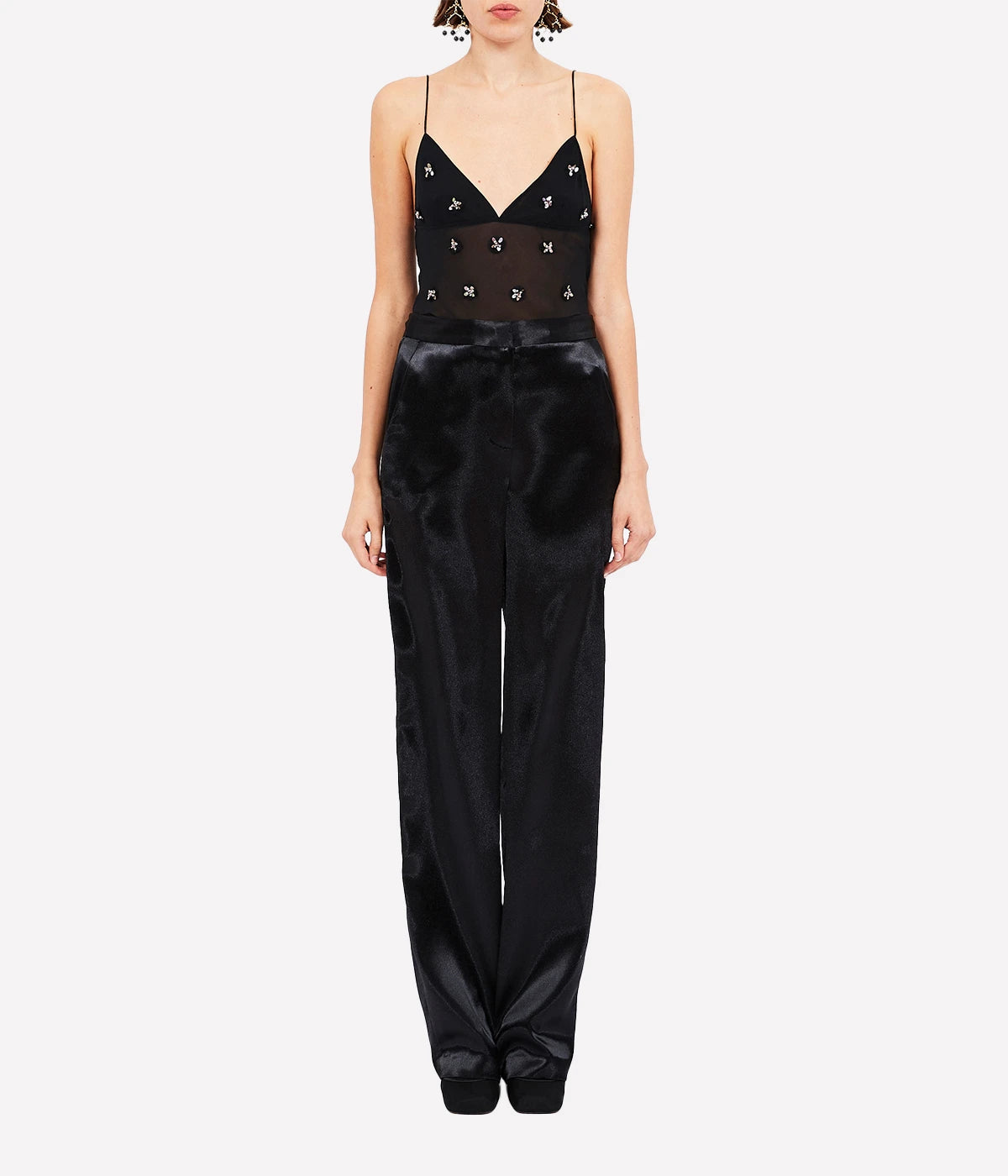 ALT text: Ulla Johnson Ollie Pant in lustrous satin with a high-waist and straight-leg silhouette.