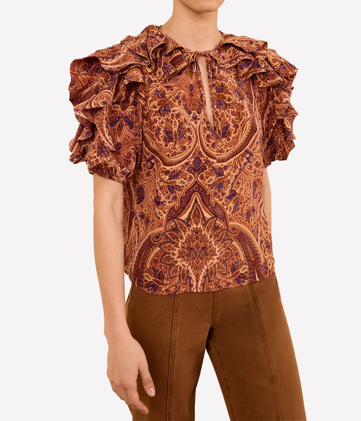 Model wearing Ulla Johnson Josephine Short Sleeve Silk Top in Rosette, front view