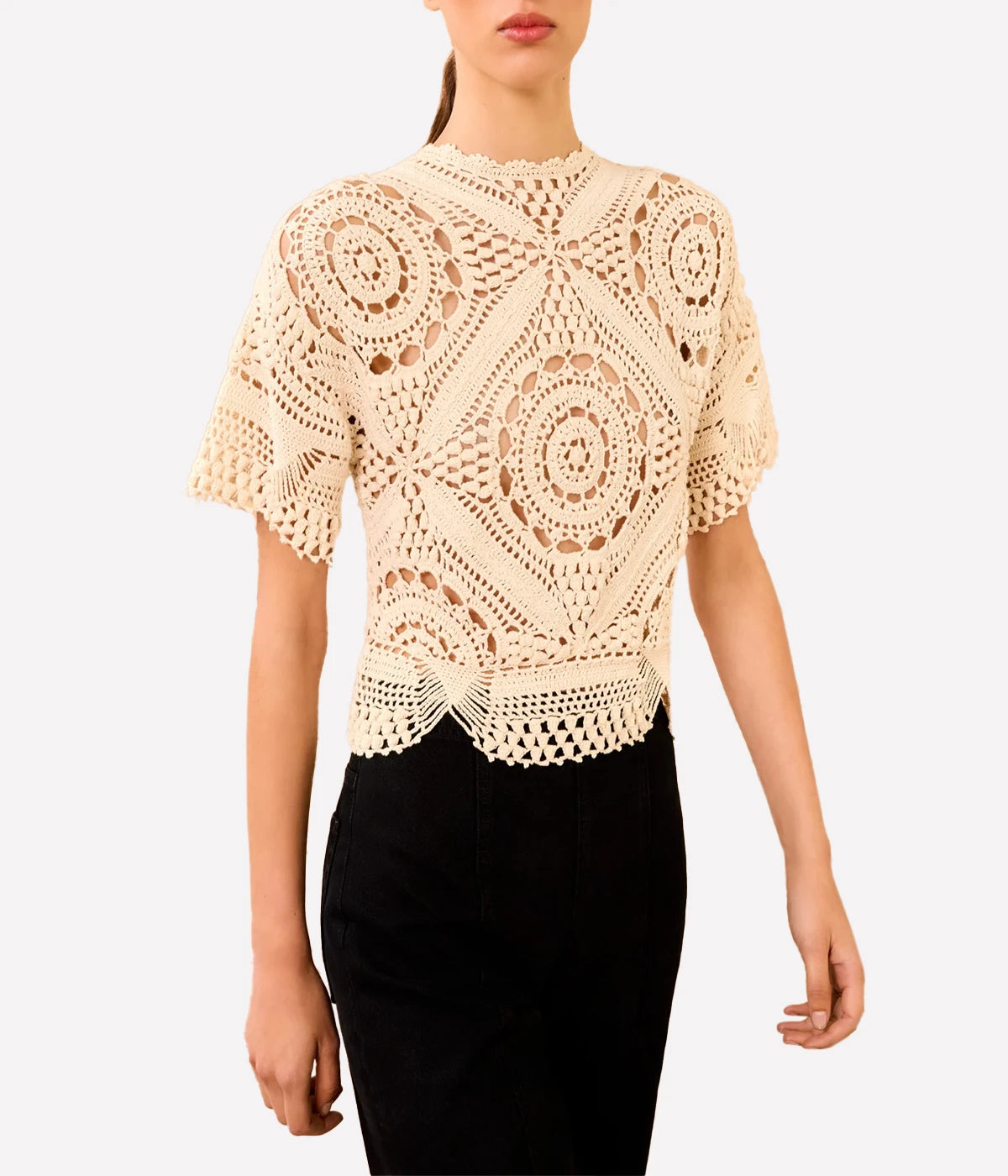 Maddalena SS Hand Crochet Top in COWRIE