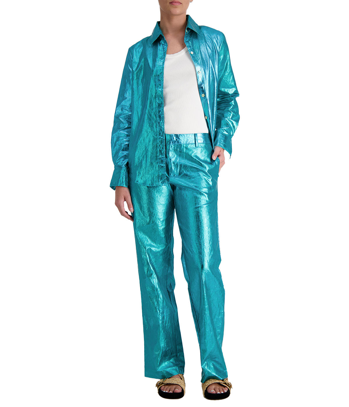 *FINAL SALE* Astro Metallic Linen Pant in Turquoise
