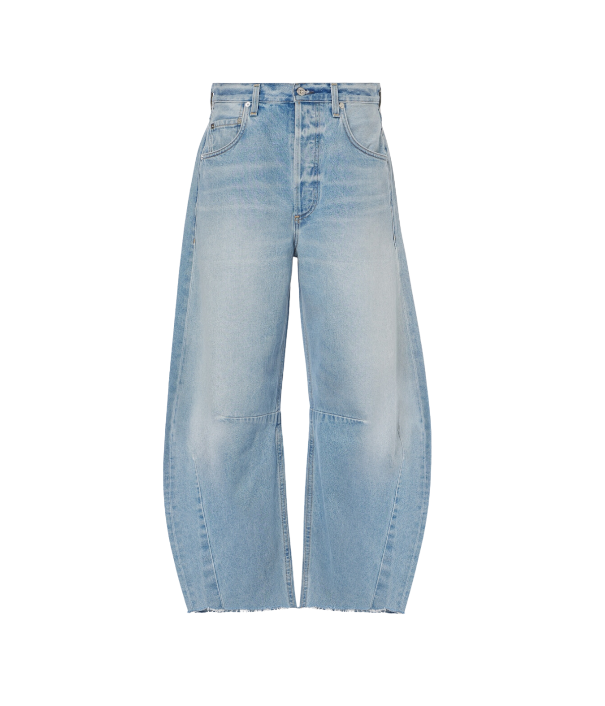 ALT Text: Light indigo cropped jeans with a curved wide-leg silhouette and frayed hems.