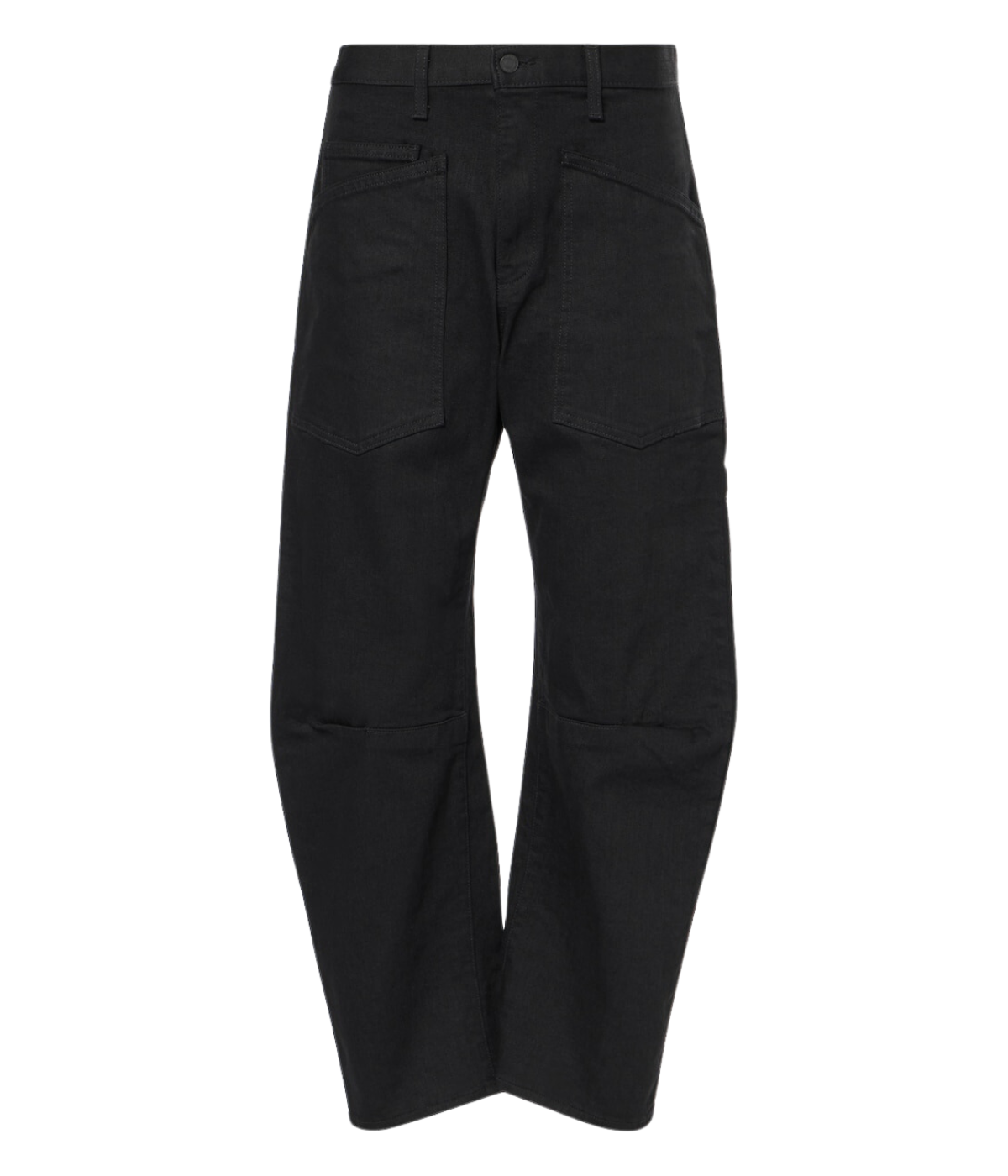 Mid-rise relaxed fit jeans in black with seam detailing and a curved silhouette.