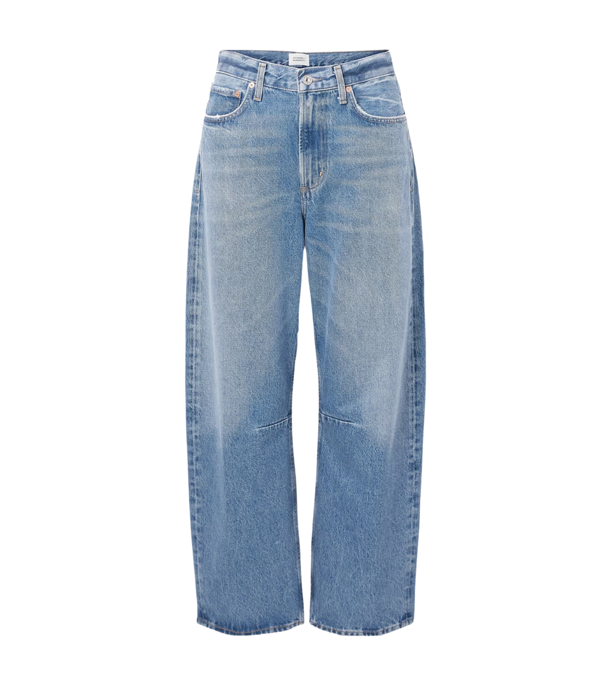 ALT Text: Miro Jean in blue, featuring a tapered barrel leg silhouette and zip fly closure, crafted from 100% regenerative cotton.