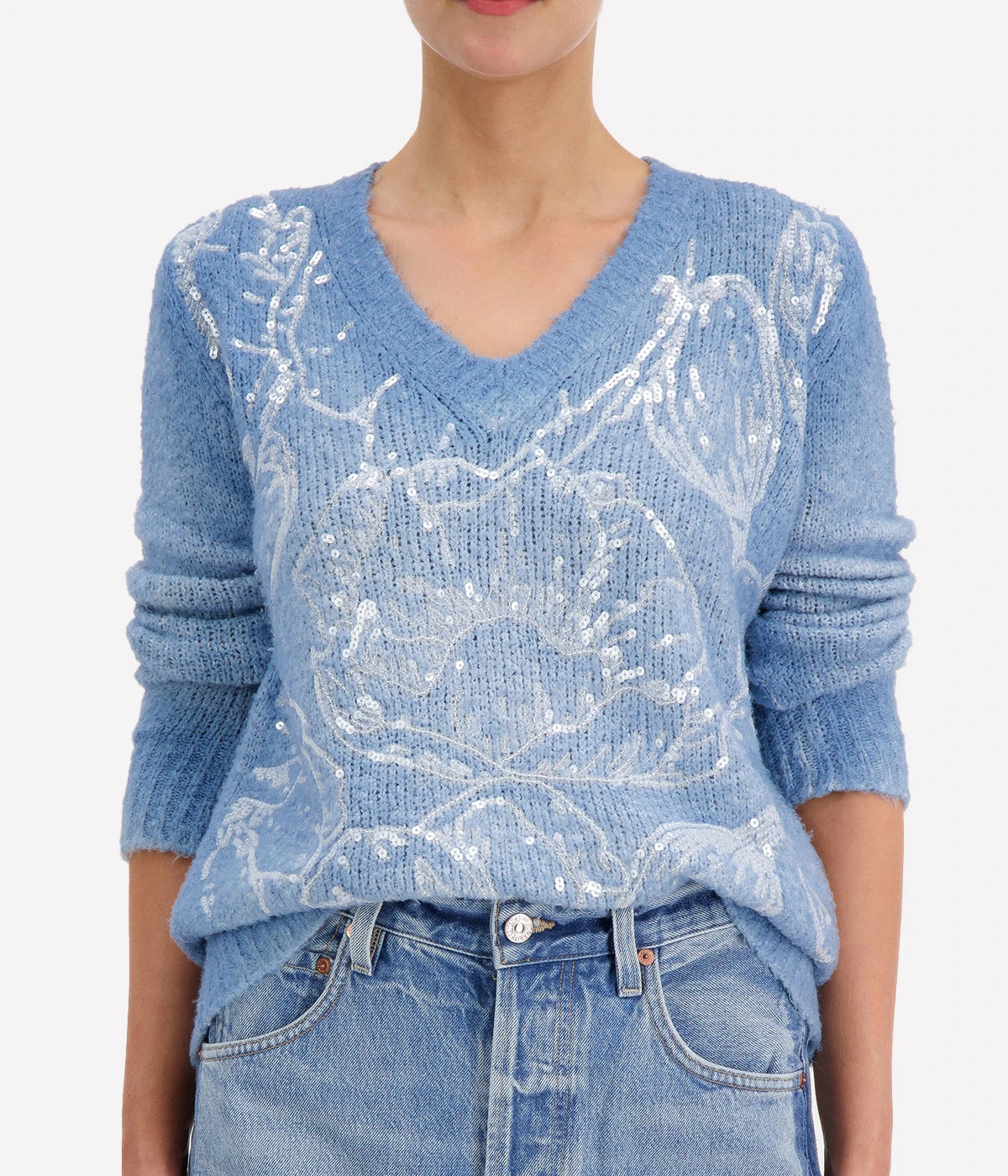 *FINAL SALE* V Neck Brushed Sequin Pullover in Water