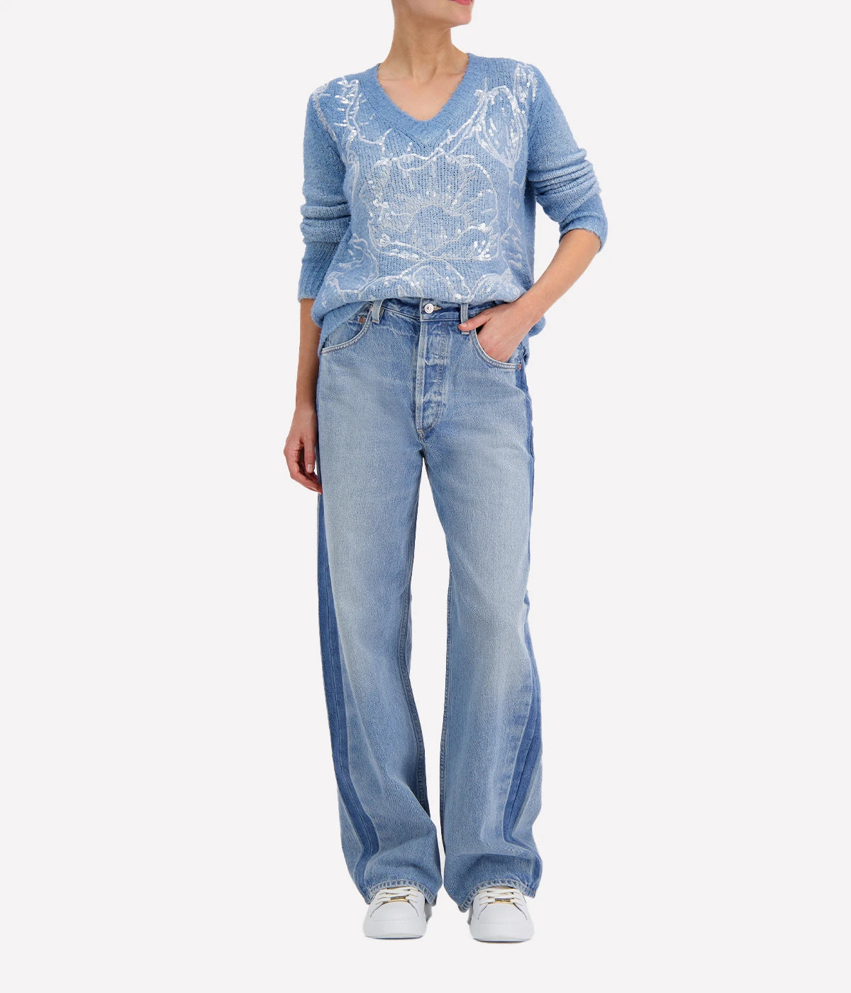 *FINAL SALE* V Neck Brushed Sequin Pullover in Water