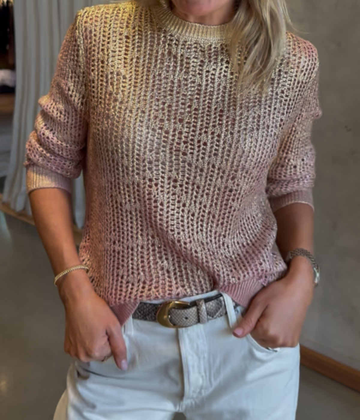 Laminated Net Stitch Round Neck in SALE ROSA