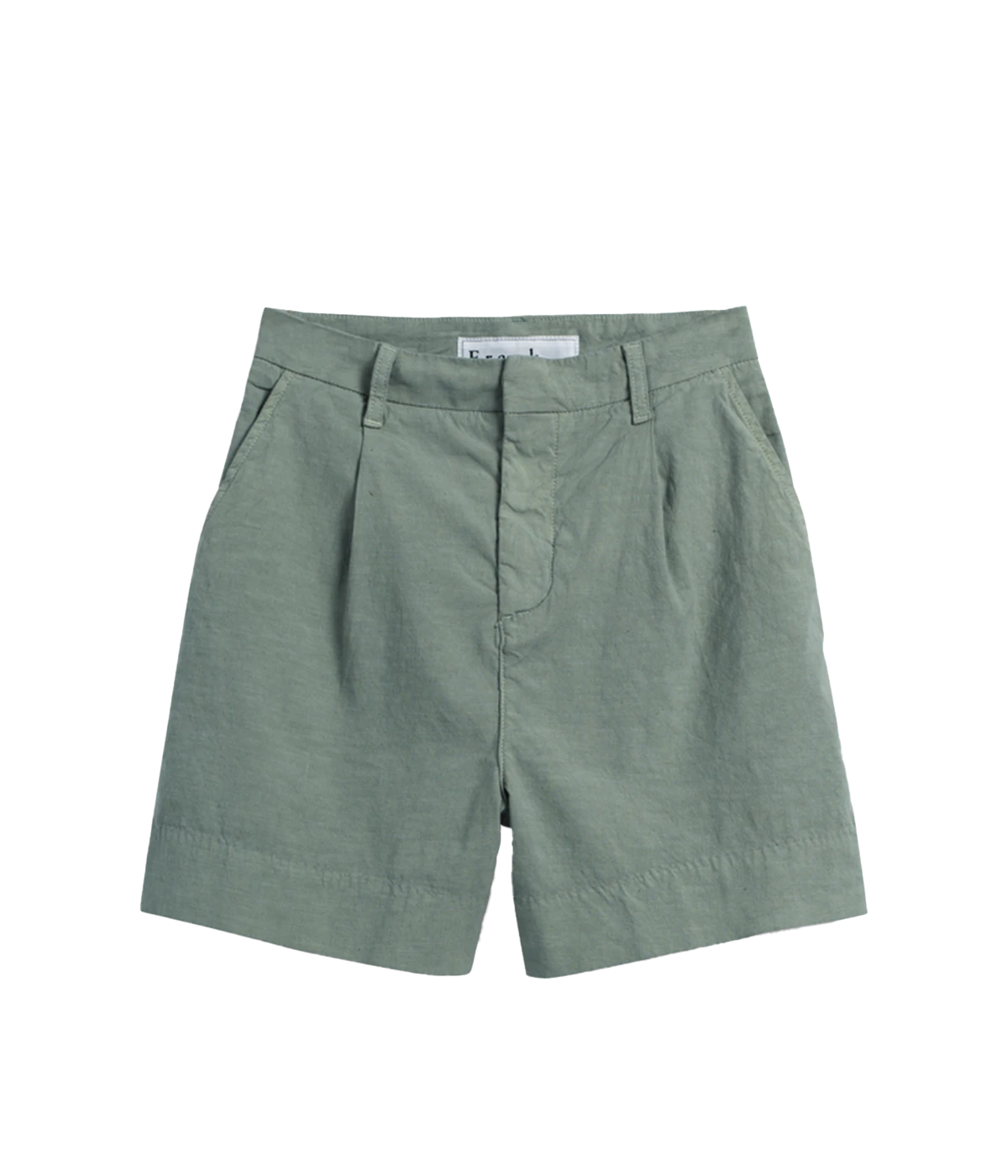 ALT Text: Wide-leg tailored shorts with a trouser waistband, front and back pockets, and a flattering mid-length fit, crafted from a lightweight cotton-linen blend.