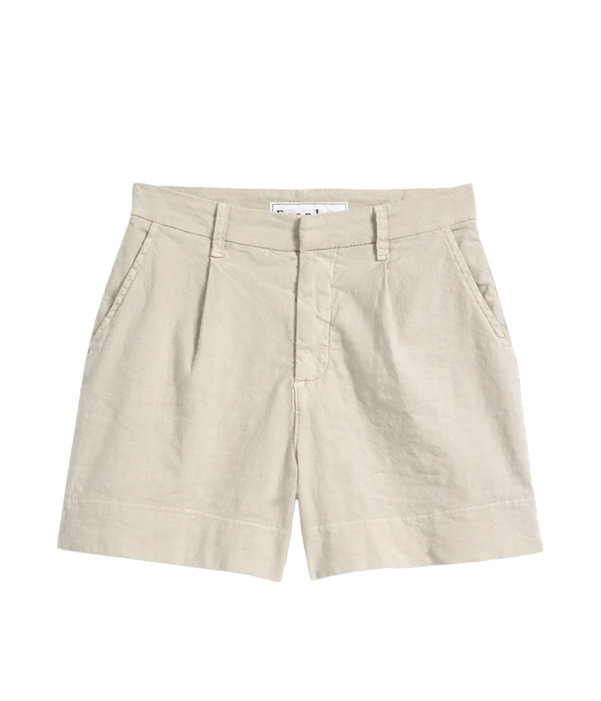 Lightweight tailored shorts in cement grey, featuring a mid-rise fit, sleek silhouette, clean waistband, and side pockets.