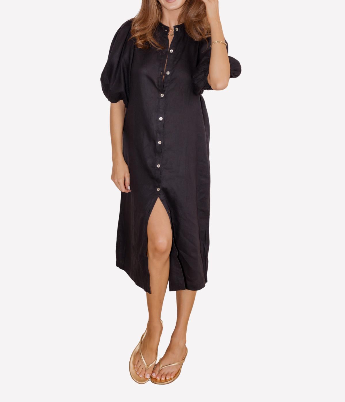 Bubble Linen Dress in BLACK