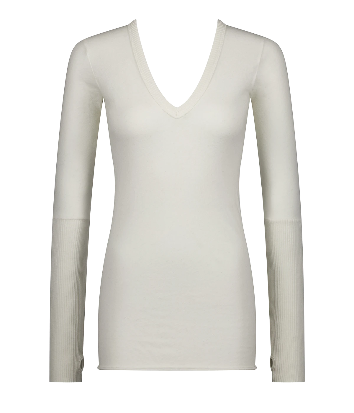 Cashmere V Neck Fitted Long Sleeve Top in White