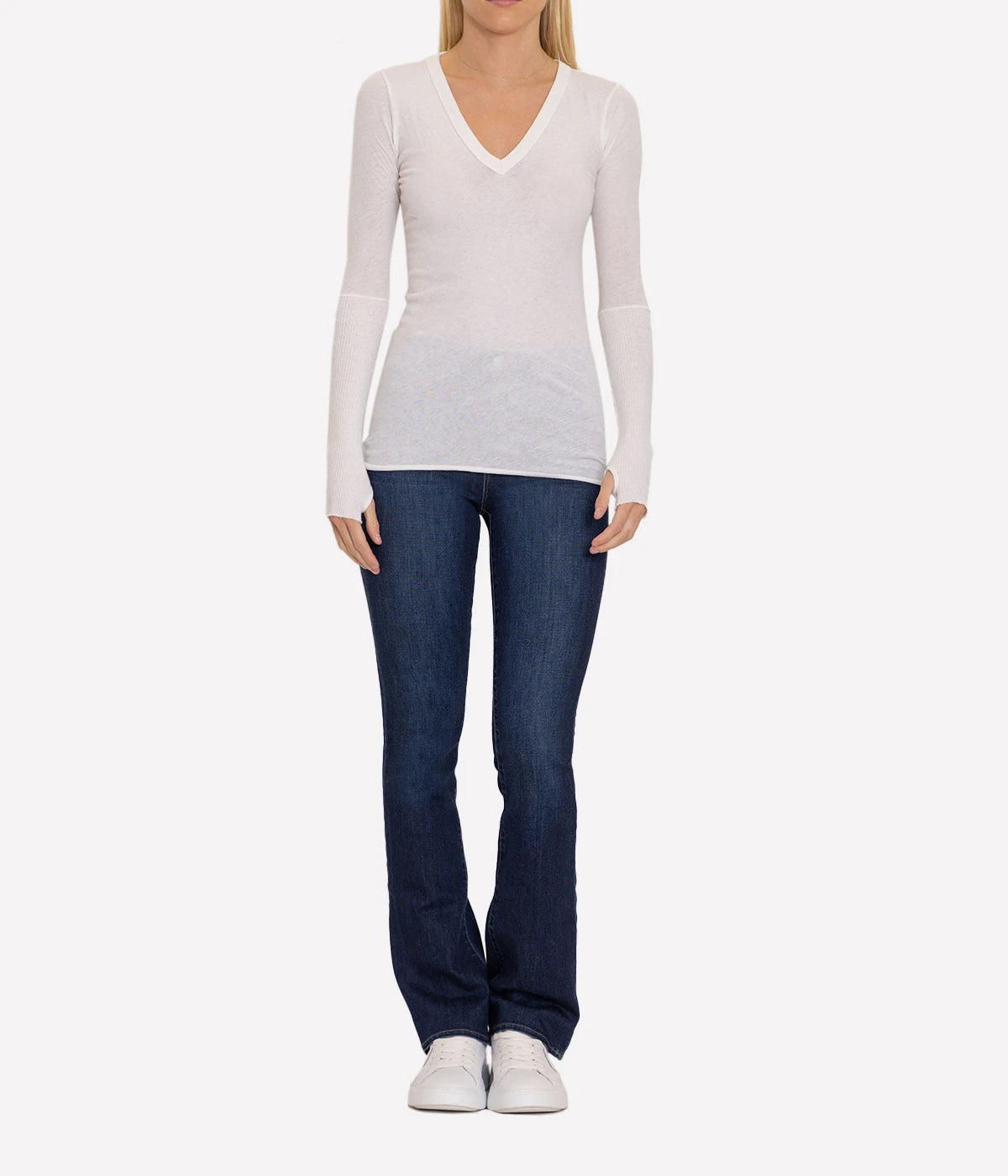 Cashmere V Neck Fitted Long Sleeve Top in White