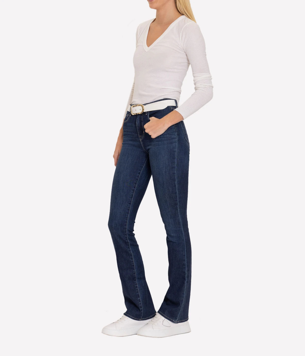 Cashmere V Neck Fitted Long Sleeve Top in White