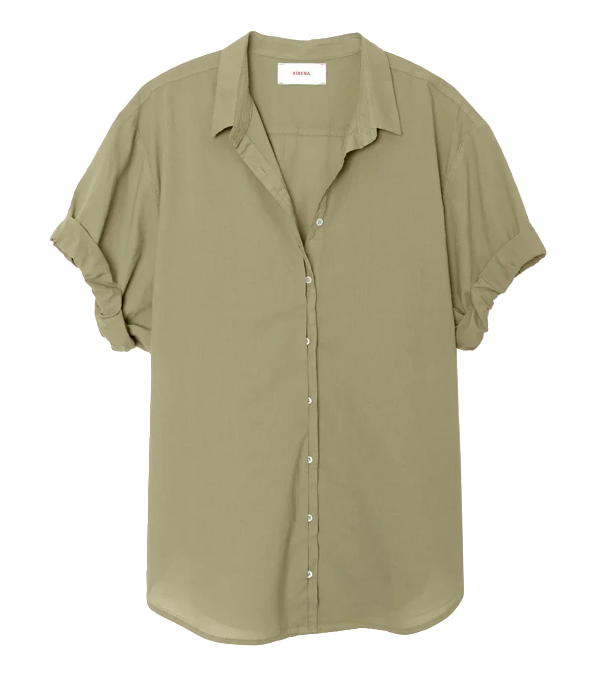 ALT TEXT: The Channing Shirt – a feminine, lightweight cotton button-down with petite collars and rolled sleeves, perfect for effortless styling in warm weather.