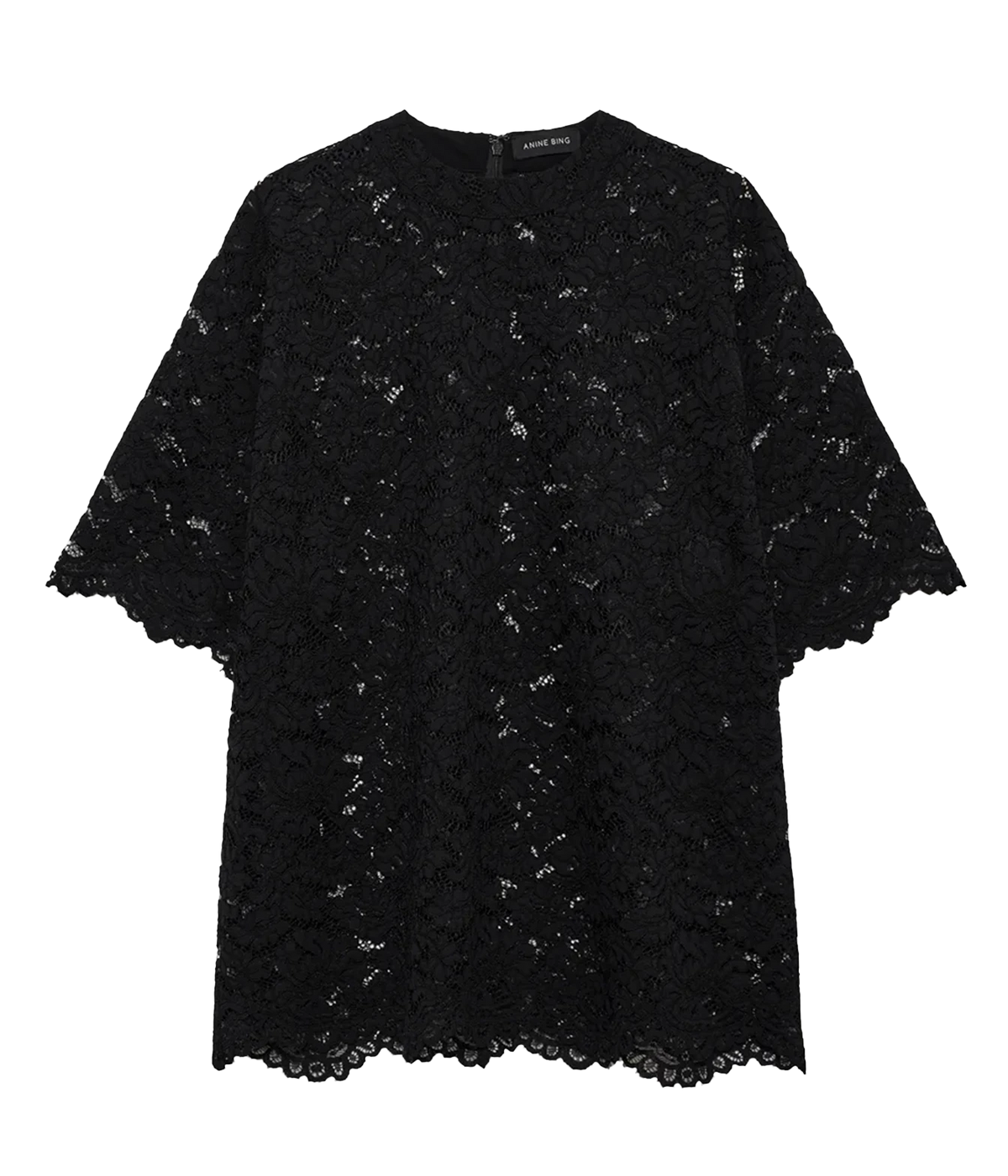 Anine Bing Zeina Top in Black Lace, shown front-on with a relaxed silhouette, round neckline and elbow-length sleeves.