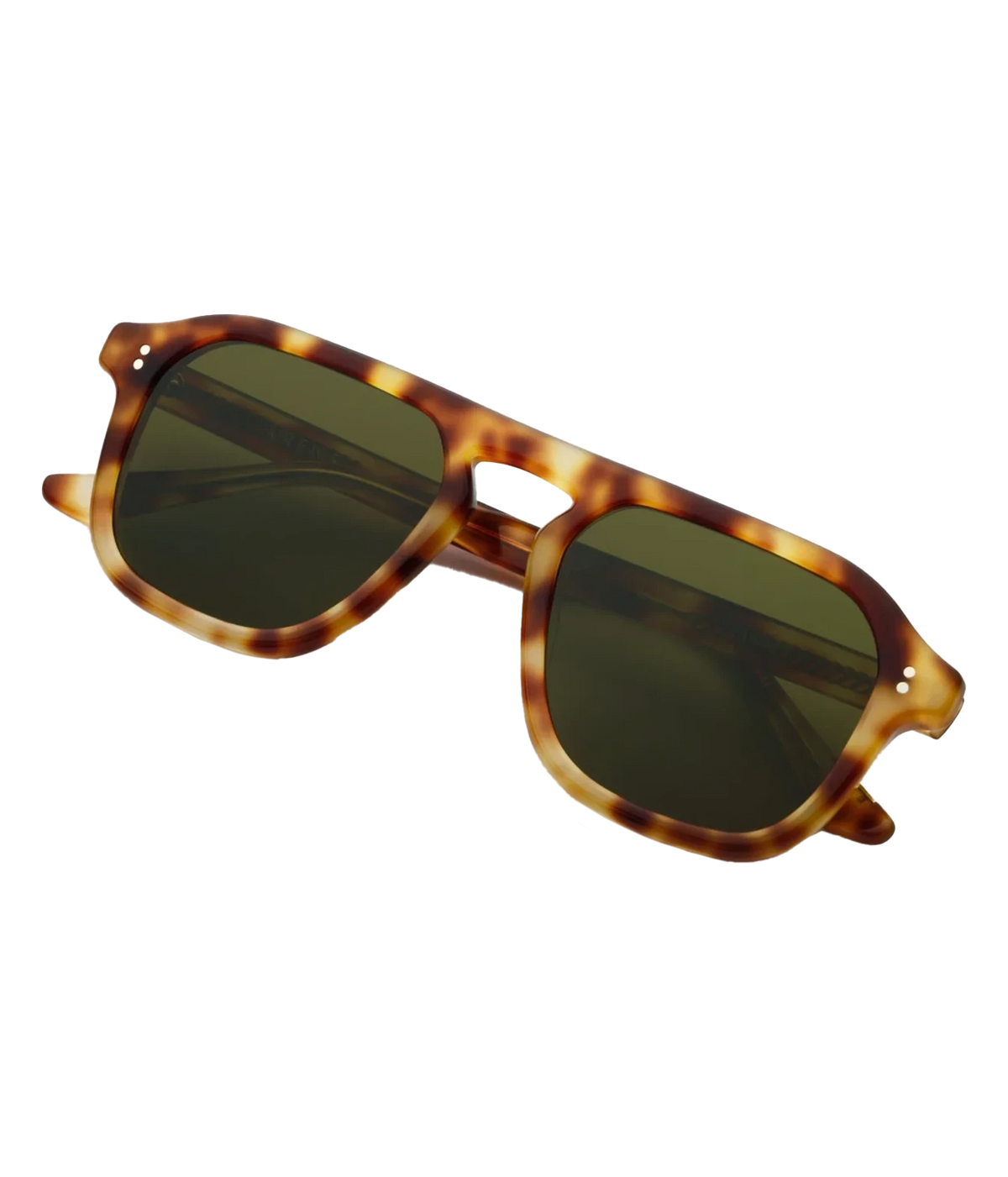Angled view of the KREWE Zander Sunglasses in Hawksbill, showing the sculpted brow and green lenses