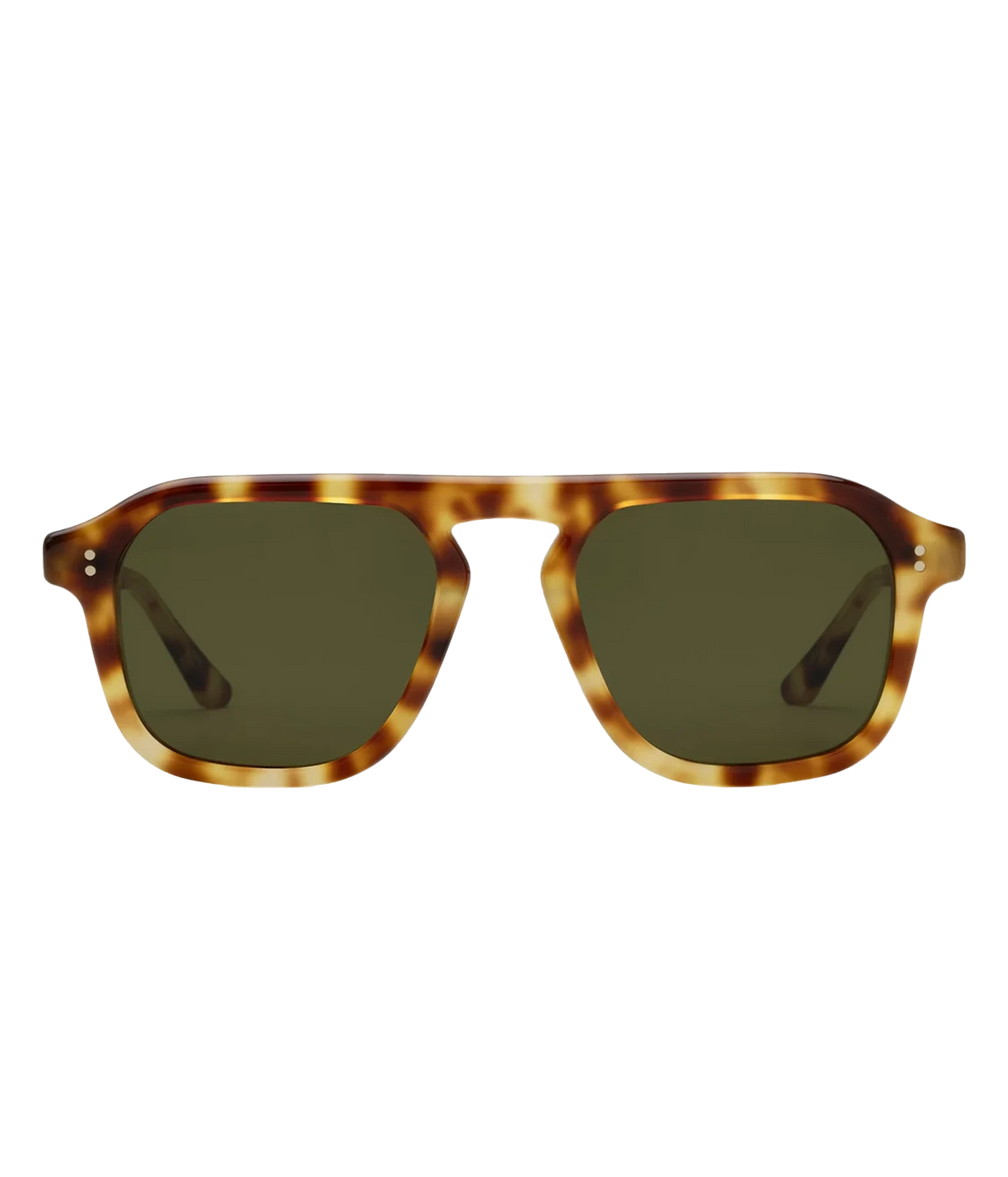Front view of the KREWE Zander Sunglasses in Hawksbill, showing the bevelled hawksbill tortoise frame and green lenses