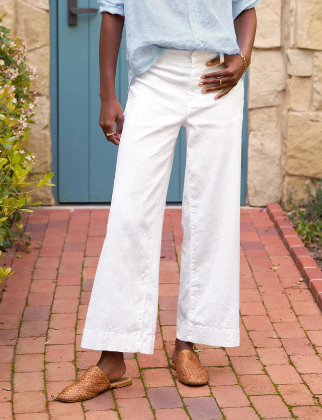 ALT Text: High-rise wide-leg trousers in Italian Performance Linen with a cropped clean hem and back patch pockets for a sleek and flattering look.