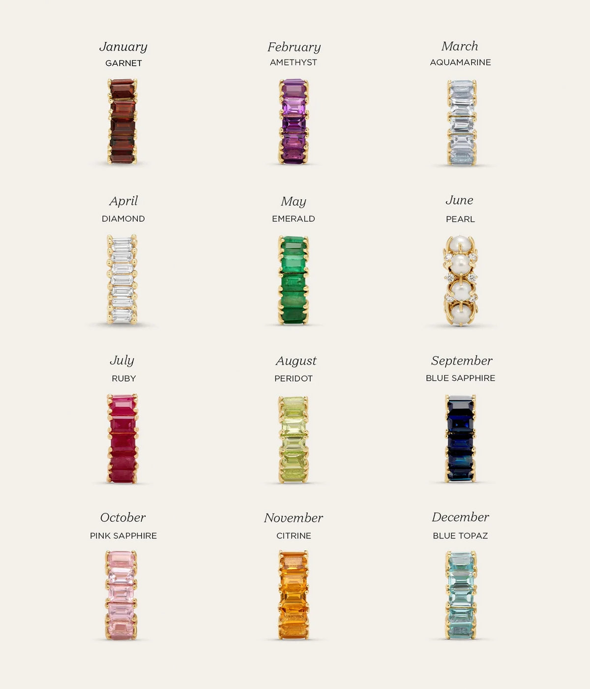 Colour chart of Adina Reyter baguette big beads, including the Blue Topaz Baguette Big Bead in 14K Yellow Gold, with each gemstone labelled