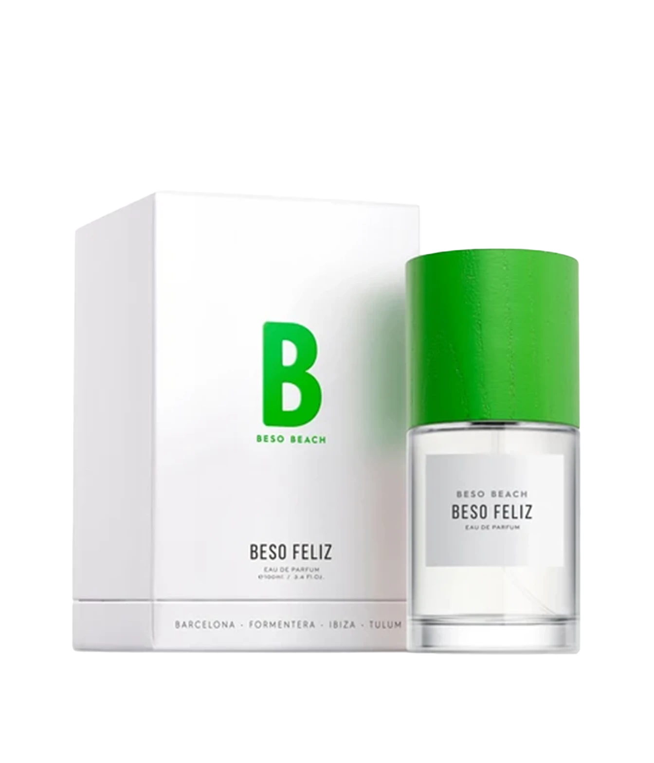 Beso Feliz Eau de Parfum by Beso Beach, featuring a clear glass bottle with a vibrant green cap next to its white packaging box with a large green 'B' logo.