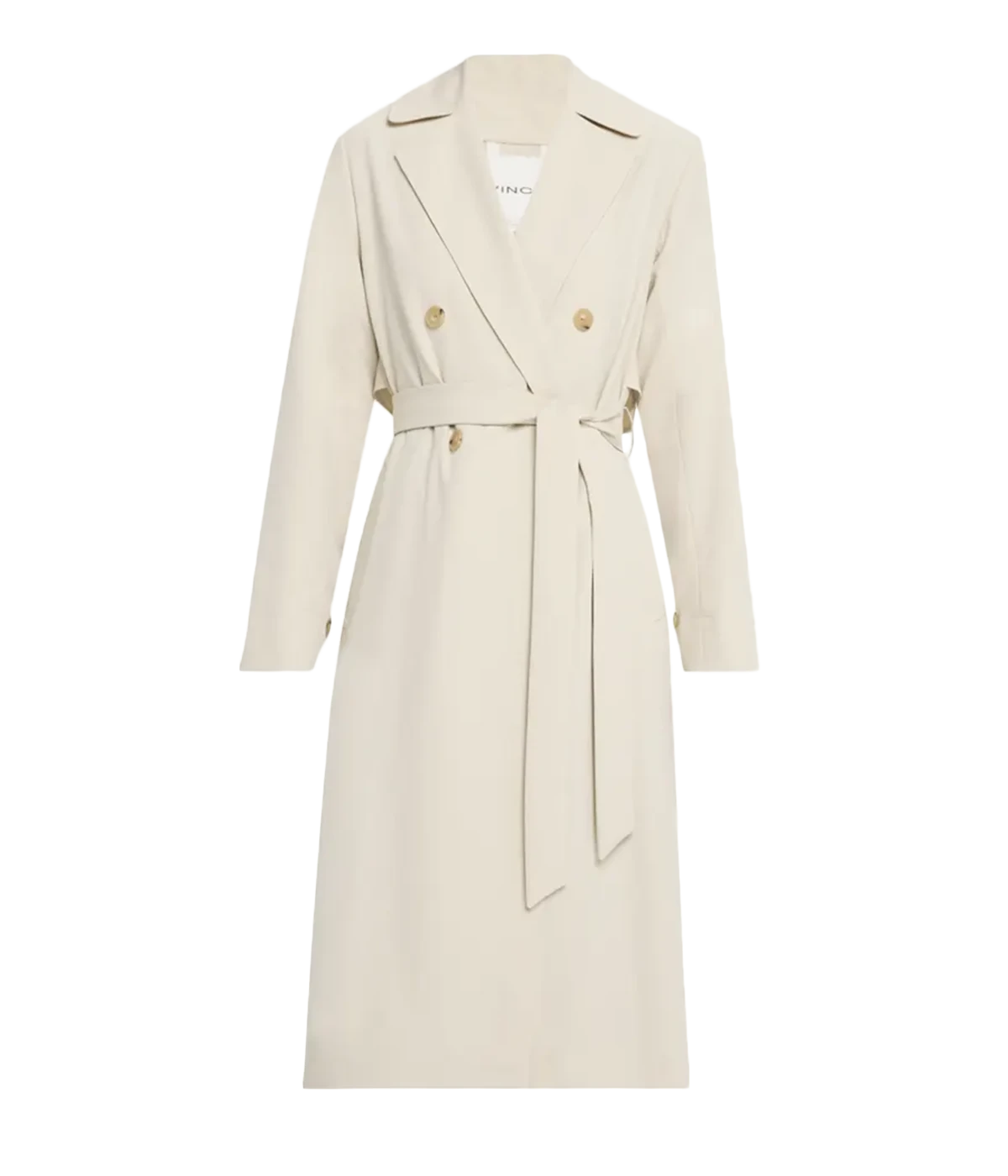Vince lightweight women's trench coat in beige with classic button-front, self-tie belt, storm flap, and adjustable cuffs – breathable viscose-blend outerwear