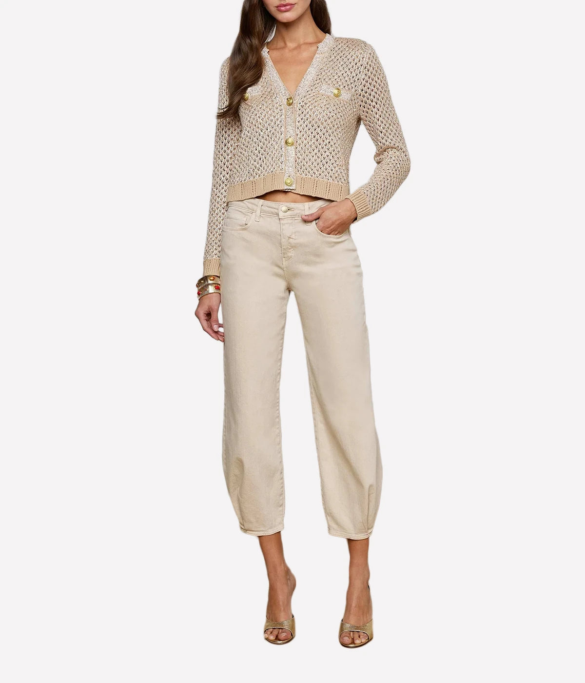 Blanca Sequin Crop Cardi in Natural Multi Gold