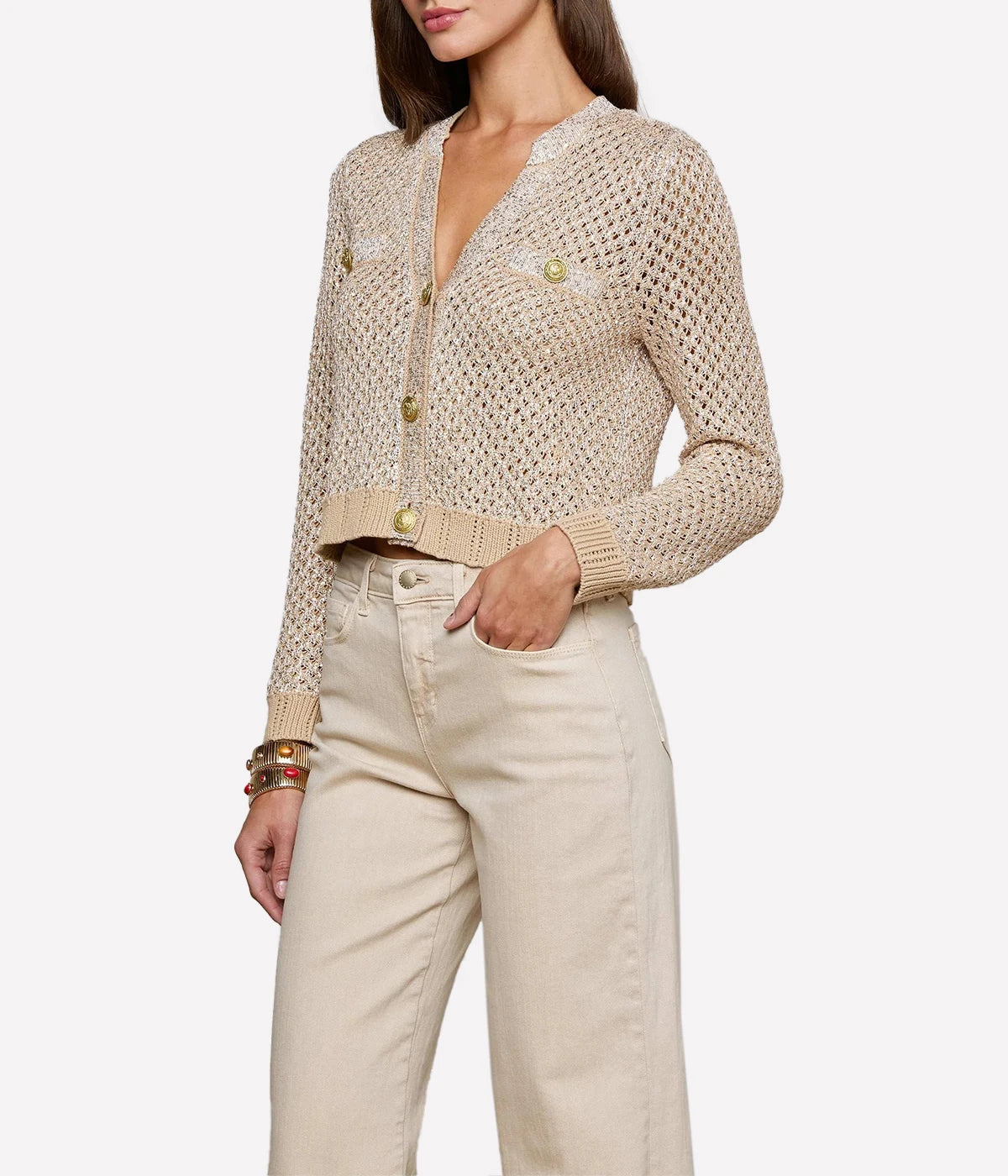 Blanca Sequin Crop Cardi in Natural Multi Gold
