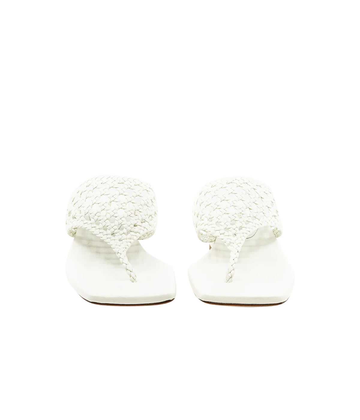 White woven sandals on a transparent background.