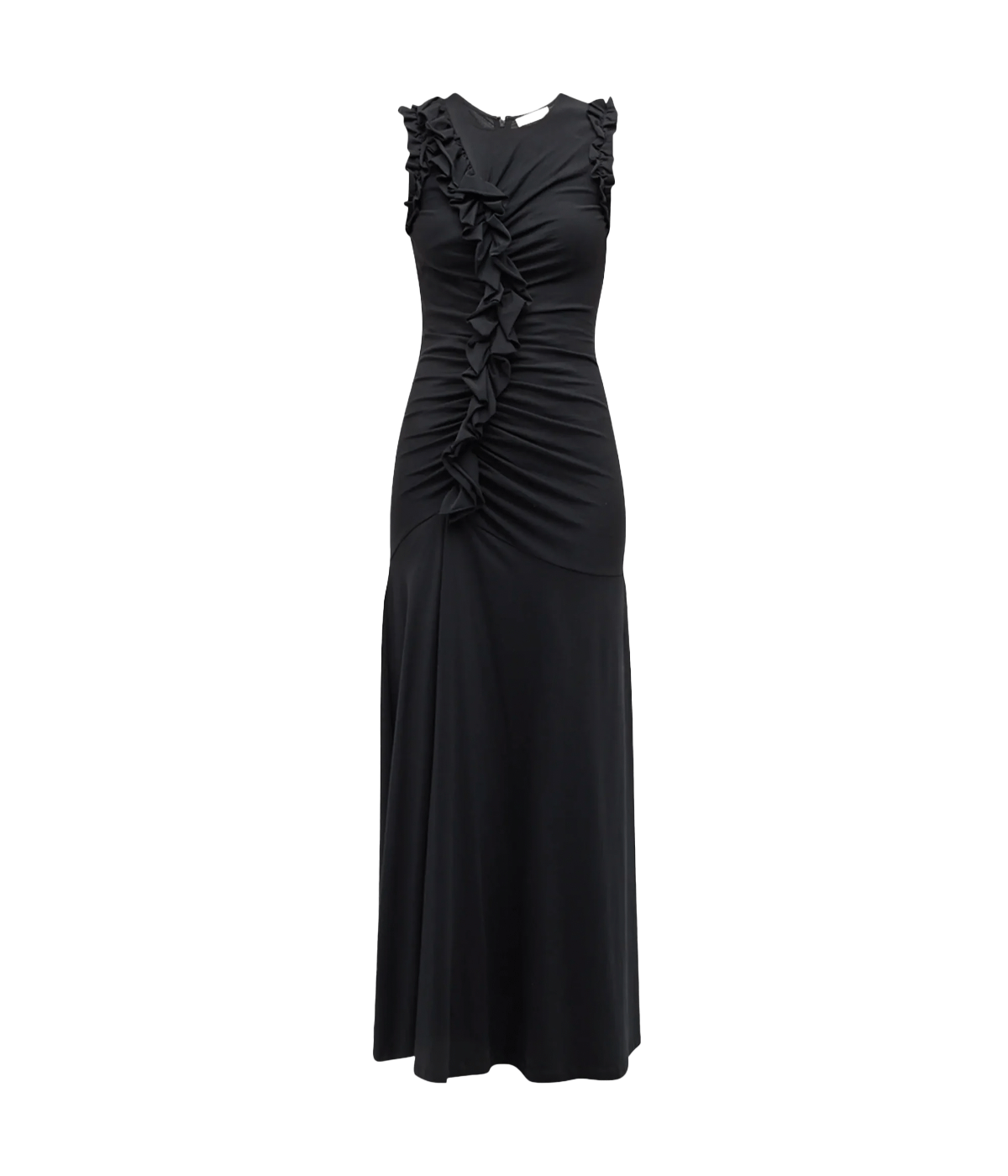 Timeless Black Color: A versatile hue that effortlessly transitions from day to night.
Sculpting Ruching: Flattering details that enhance the body's natural shape.
Romantic Raw-Edge Ruffles: Adorn the sleeves and front, adding a touch of femininity and charm.
Classic Midi Length: Offers a sophisticated silhouette suitable for various occasions.
Concealed Back Zipper: Ensures a seamless look and easy wear.