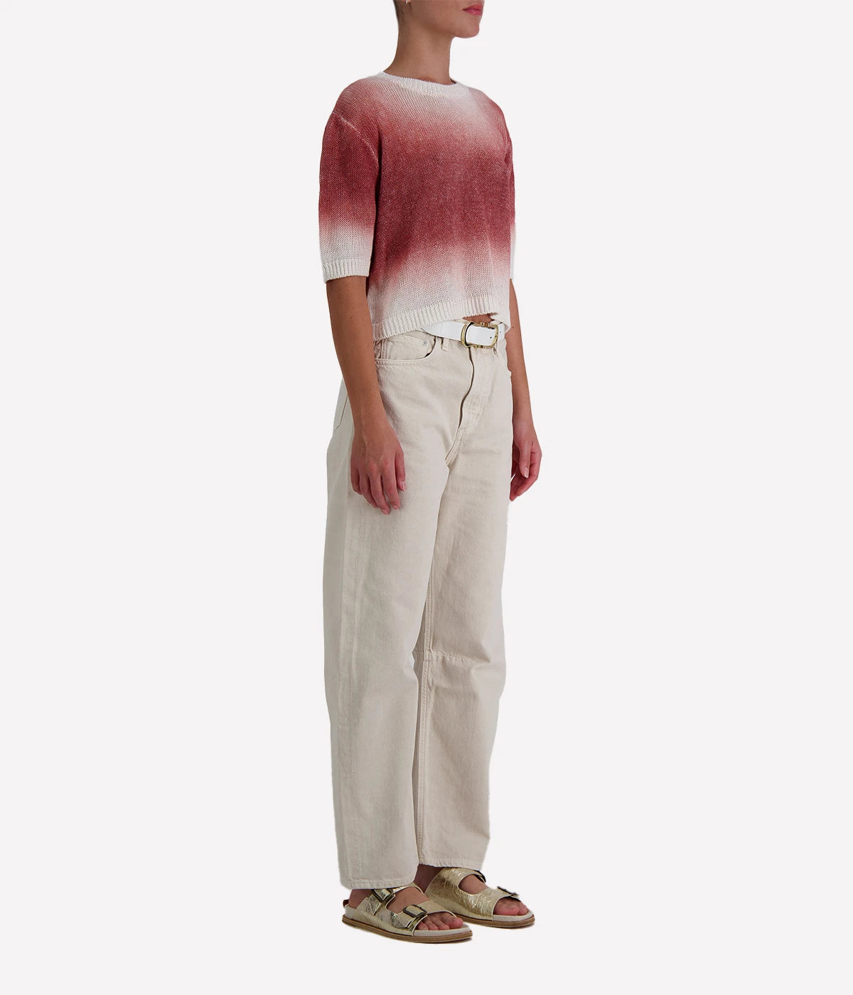 Cropped women’s knit tee by Avant Toi in ombré moscato tones, featuring a relaxed fit, short sleeves, and lightweight 100% linen fabric. Made in Italy.
