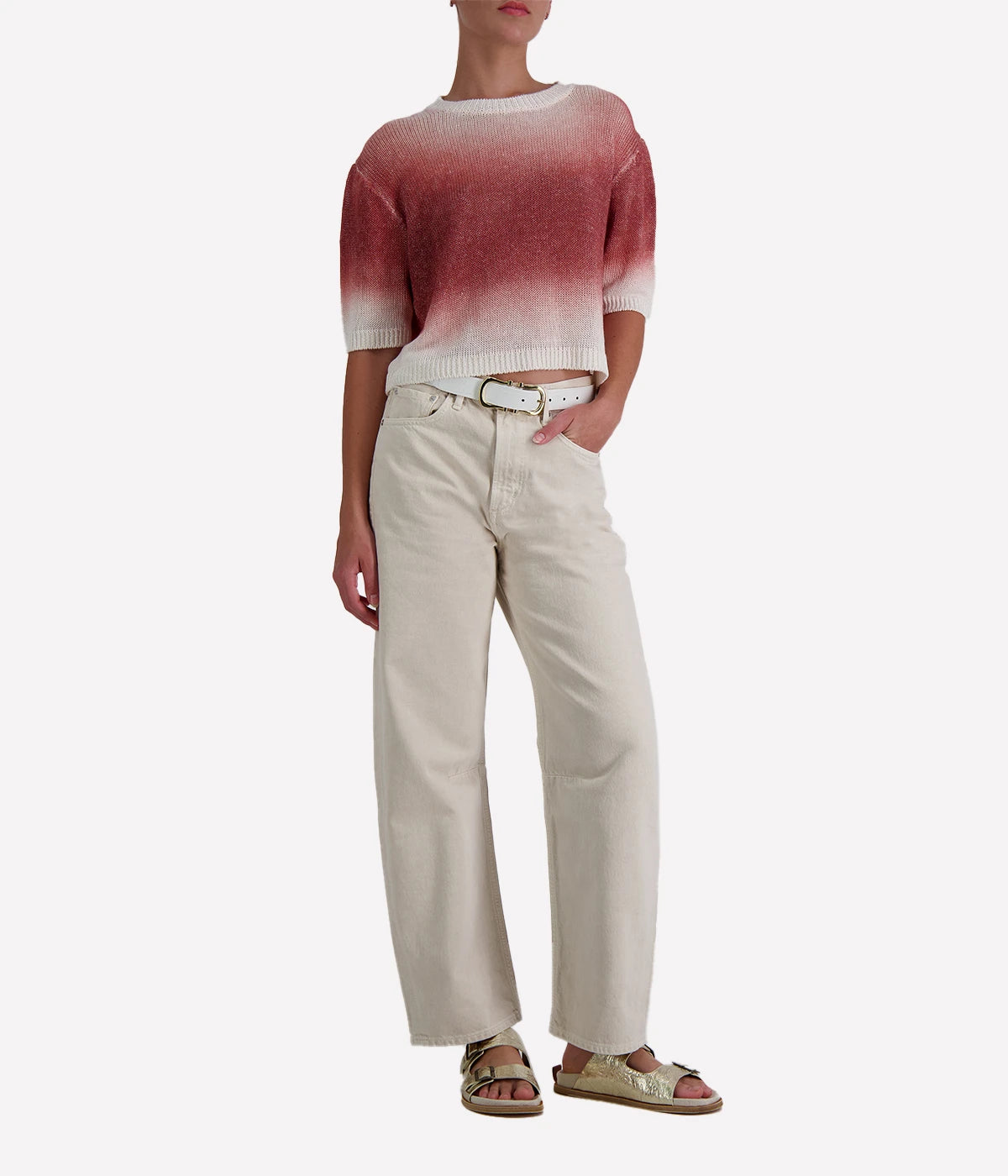 Cropped women’s knit tee by Avant Toi in ombré moscato tones, featuring a relaxed fit, short sleeves, and lightweight 100% linen fabric. Made in Italy.