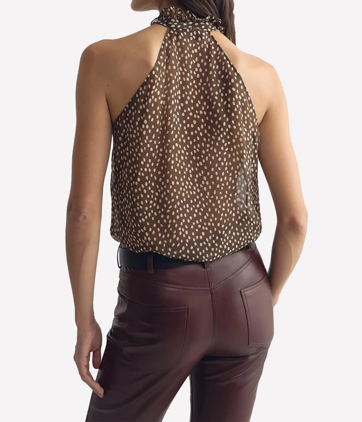 Back view of the Nili Lotan Daniella Silk Top in Brown Cream Wild Dots with Burgundy Trousers