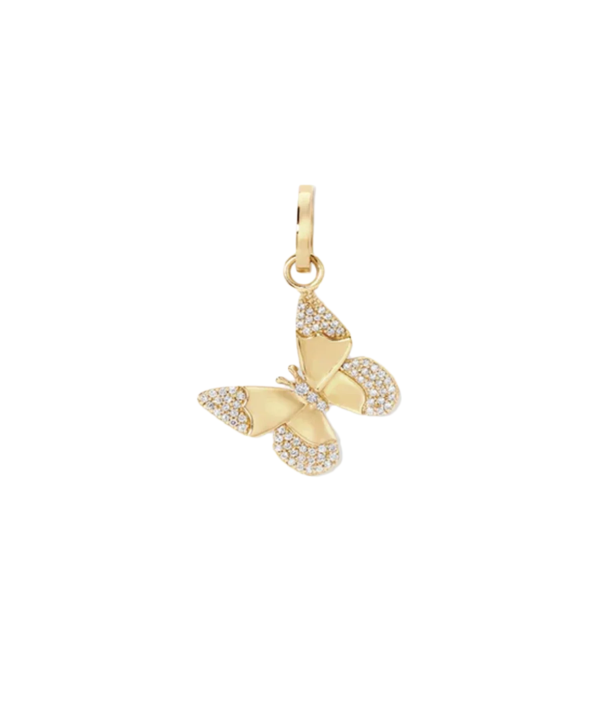 Adina Reyter Diamond Butterfly Charm in 14k Yellow Gold shown on its own from the front, with pavé diamond wing tips, a brushed gold centre and a hinged gold bail