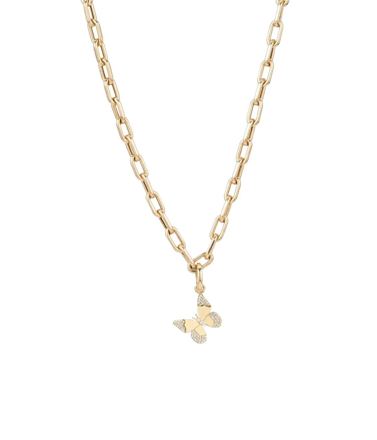 Adina Reyter Diamond Butterfly Charm in 14k Yellow Gold on a gold paperclip chain necklace, showing the full length of the chain with the charm sitting at the centre