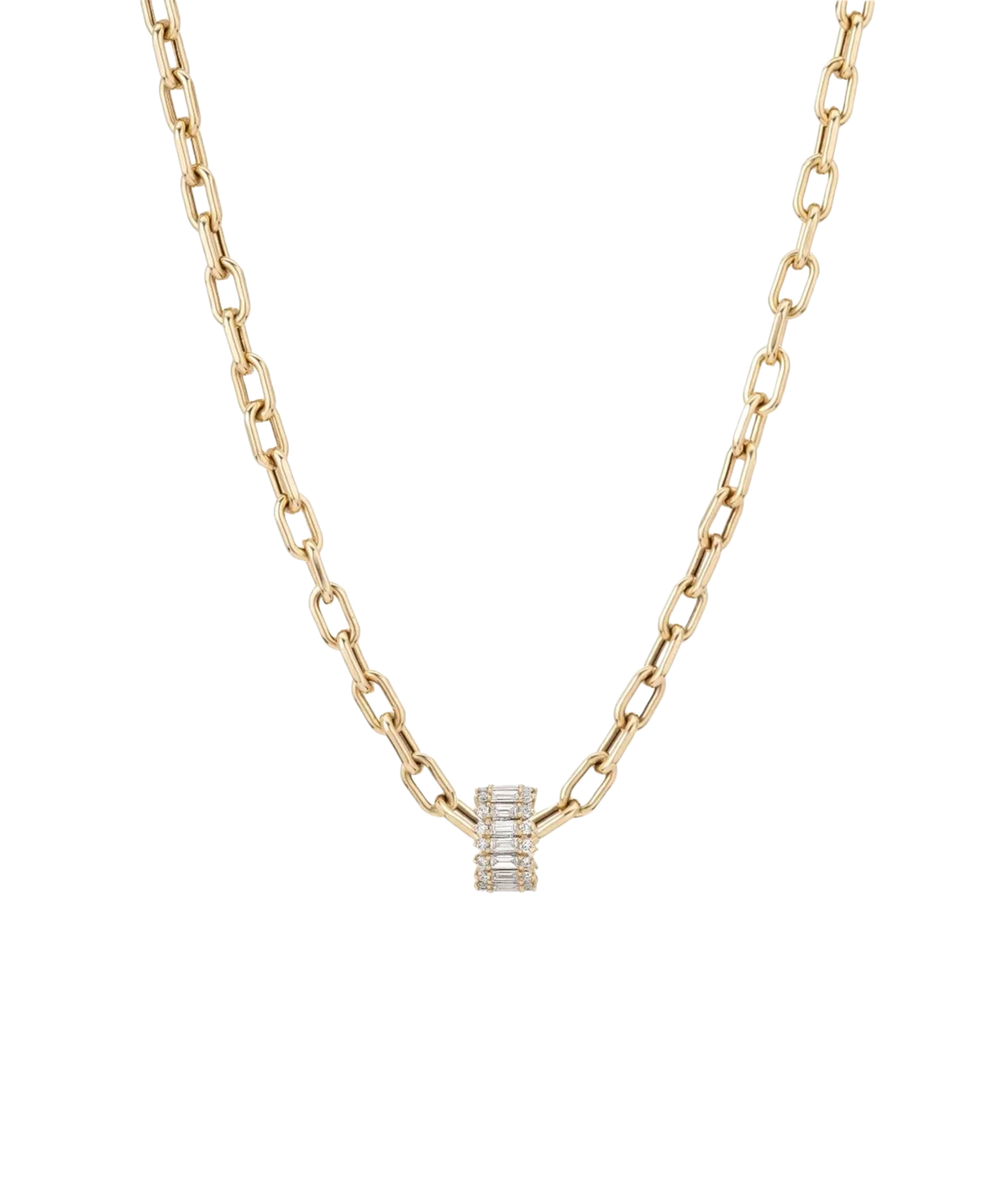 Adina Reyter Diamond Full Stack Baguette Big Bead in 14K Yellow Gold threaded onto a bold gold paperclip chain