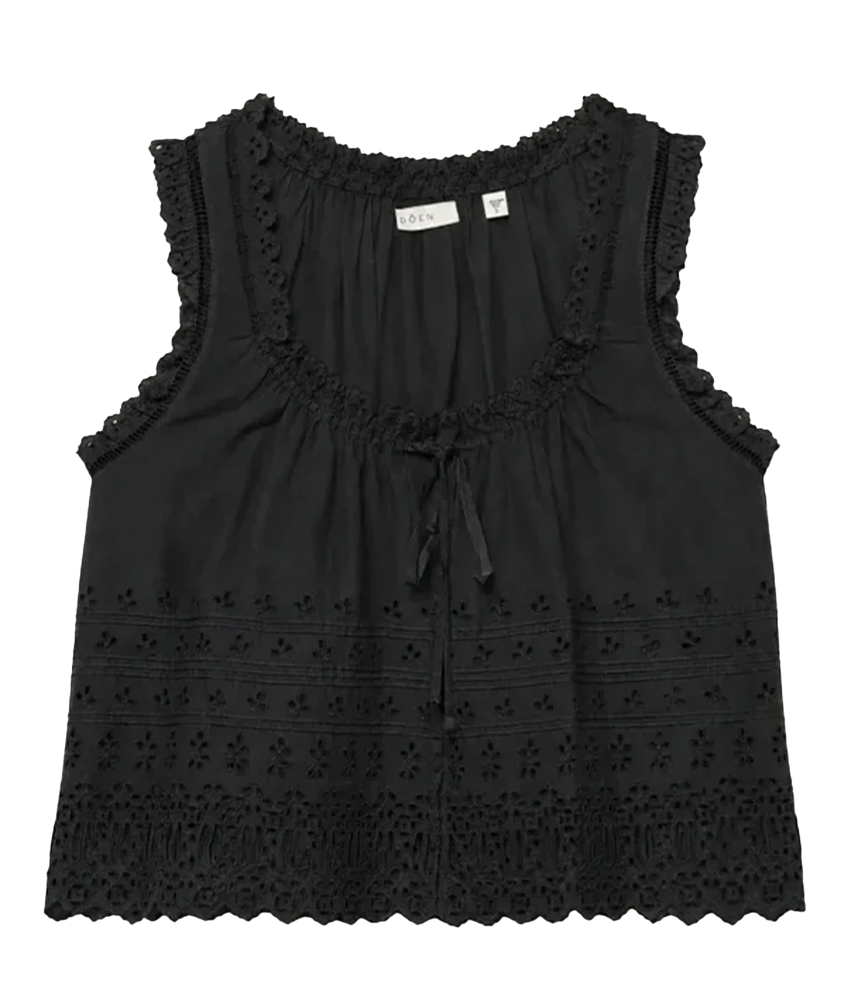 A black sleeveless eyelet lace top with a scoop neckline, tie-front detail, and scalloped edges, shown flat against a white background.