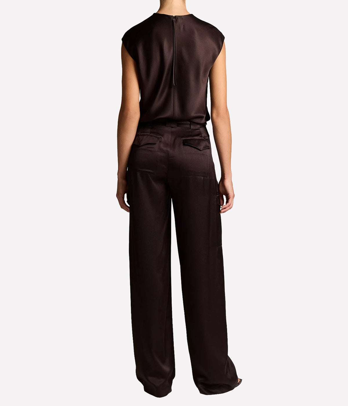 Back view of a model wearing the Vince High Waisted Trouser In Cinderwood with a matching sleeveless top, showing the relaxed wide leg