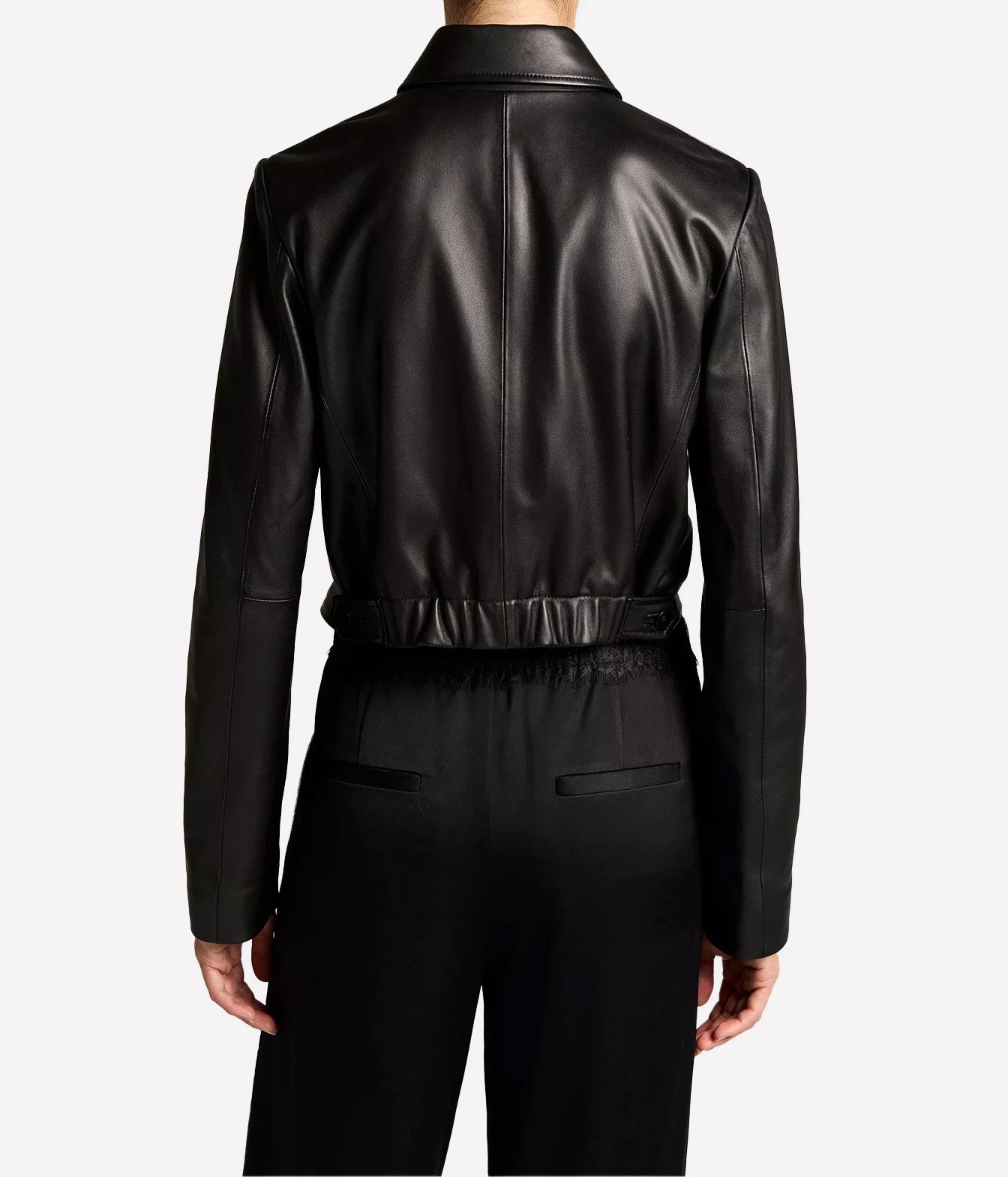 A black leather jacket with a structured collar and gathered waist