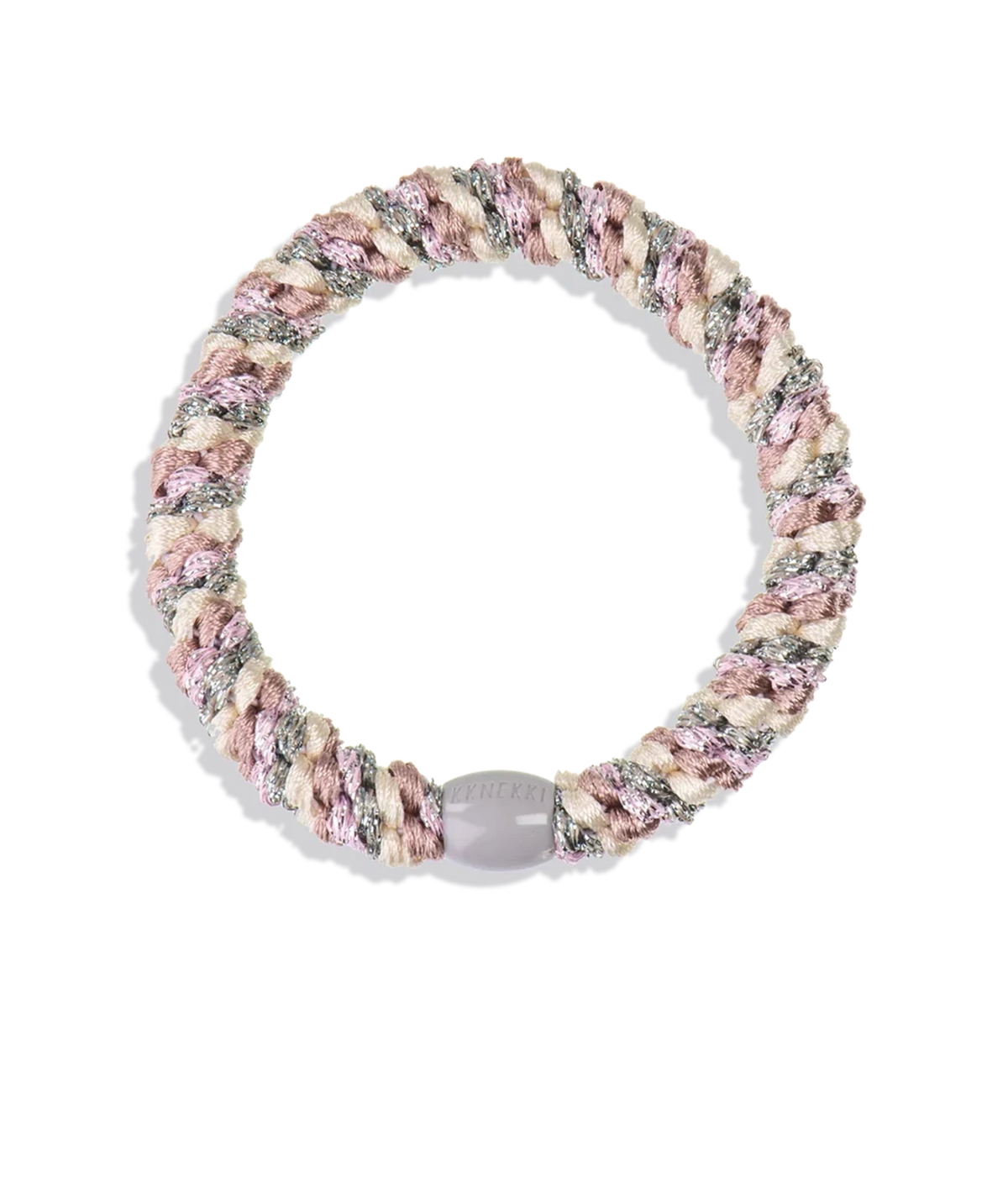 A chunky elastic braided hair tie in multi colour green, pink and cream with a grey tone plastic bobble
