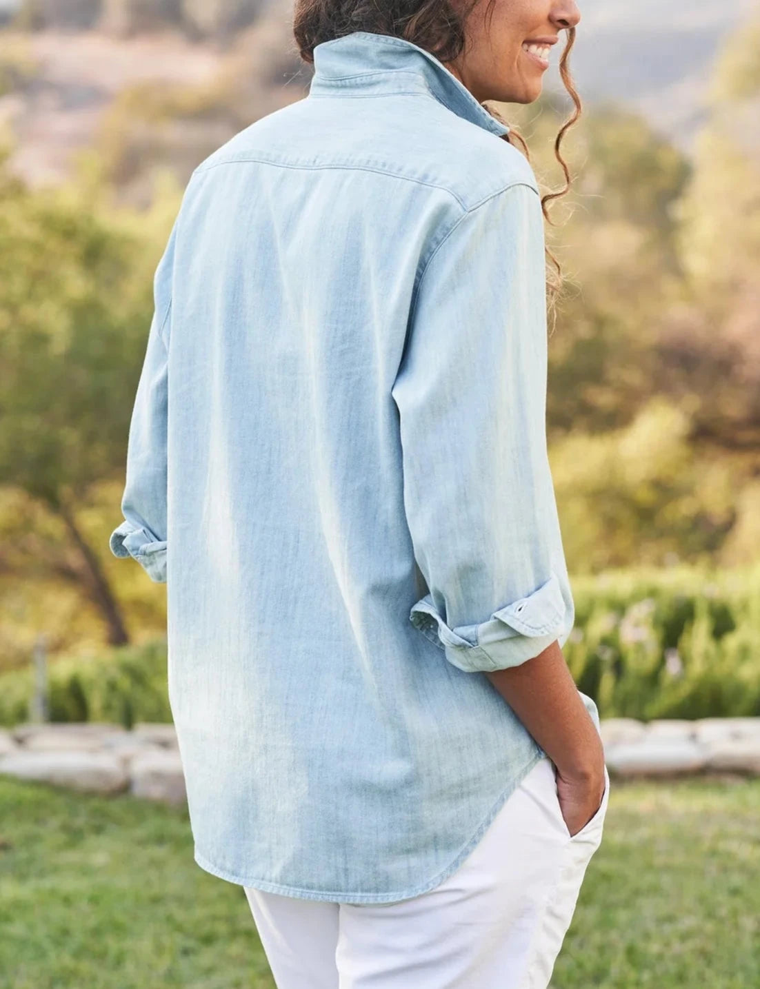 Eileen Woven Button Up Shirt in Classic Blue Wash