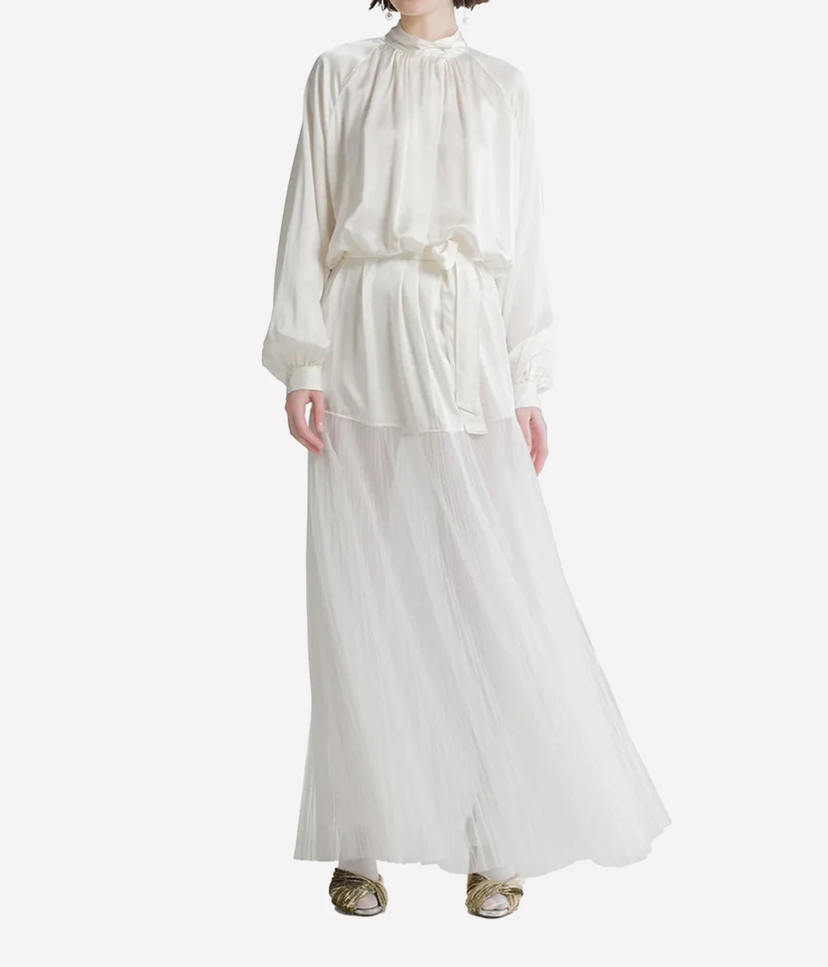 Woman wearing the Forte Forte silk satin and plissé tulle dress in Diamond, full-length front view.