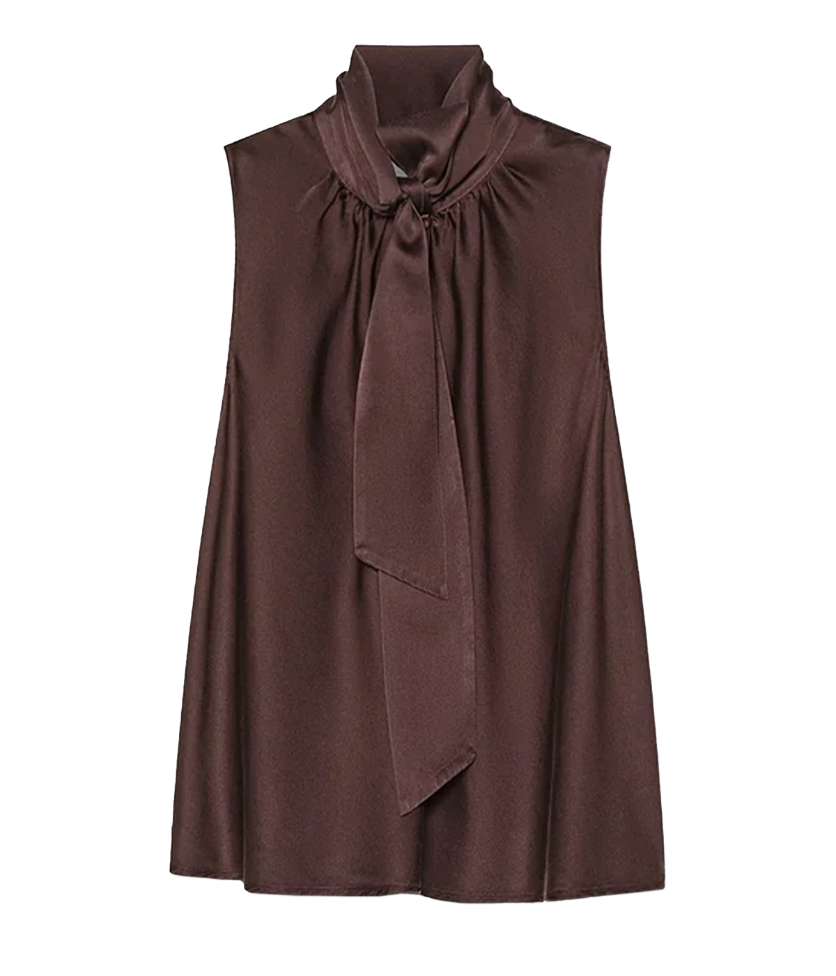 Front product view of the Forte Forte silk satin sash top in Fondant, a sleeveless brown top with a long tie at the neck.