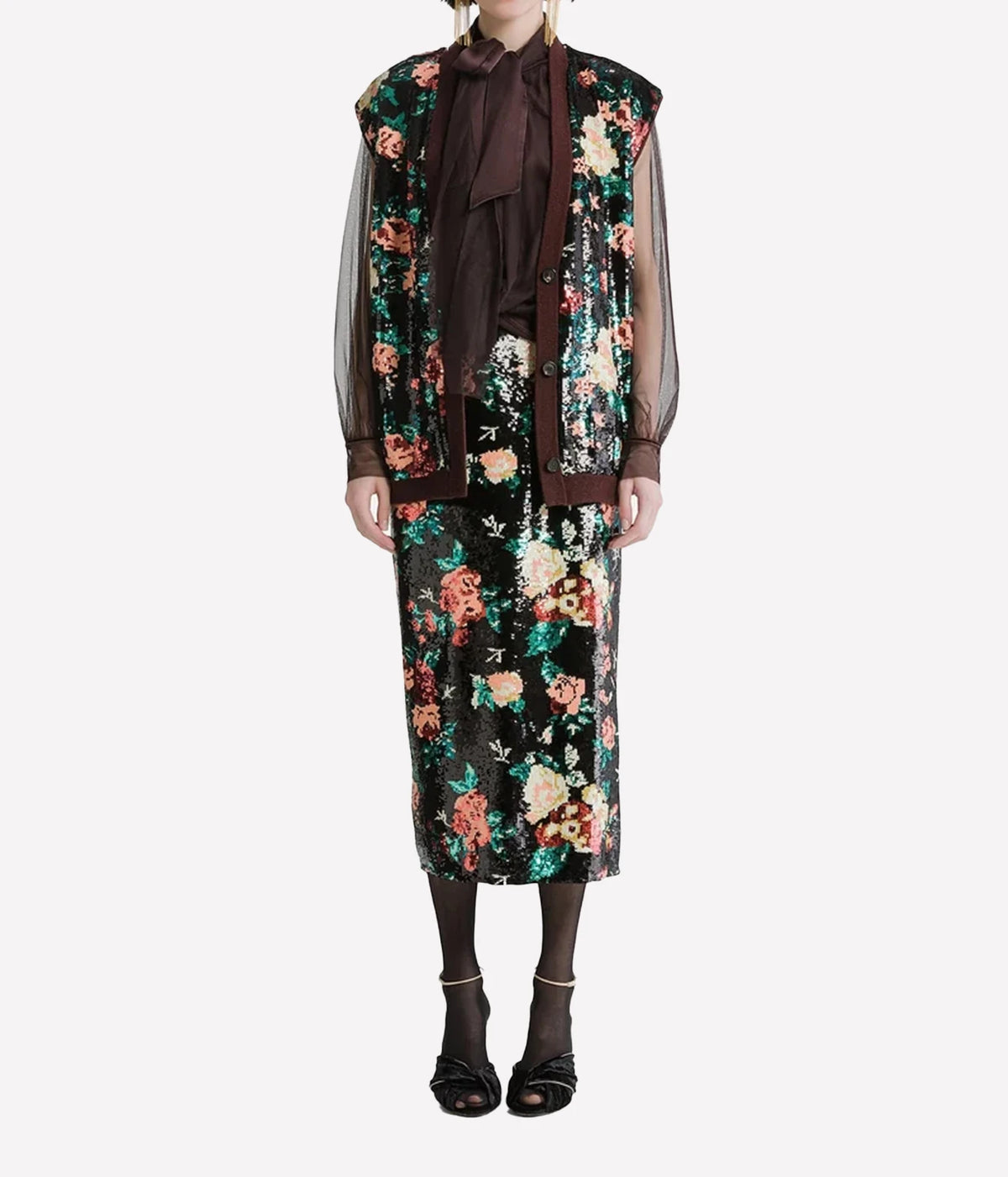 Woman wearing the Forte Forte silk satin sash top in Fondant with a floral print skirt and a sheer layer over the top, full-length front view.