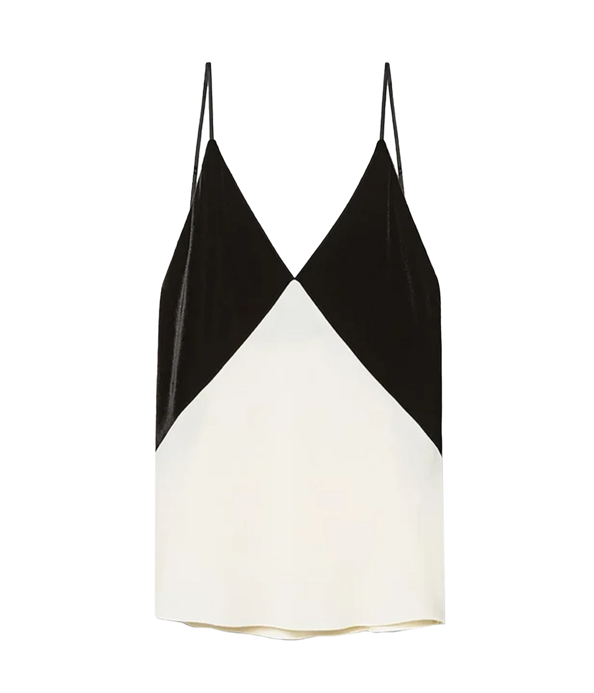 Front product view of the Forte Forte envers satin and velvet slip top in Diamond, with black velvet cups and a white satin body.