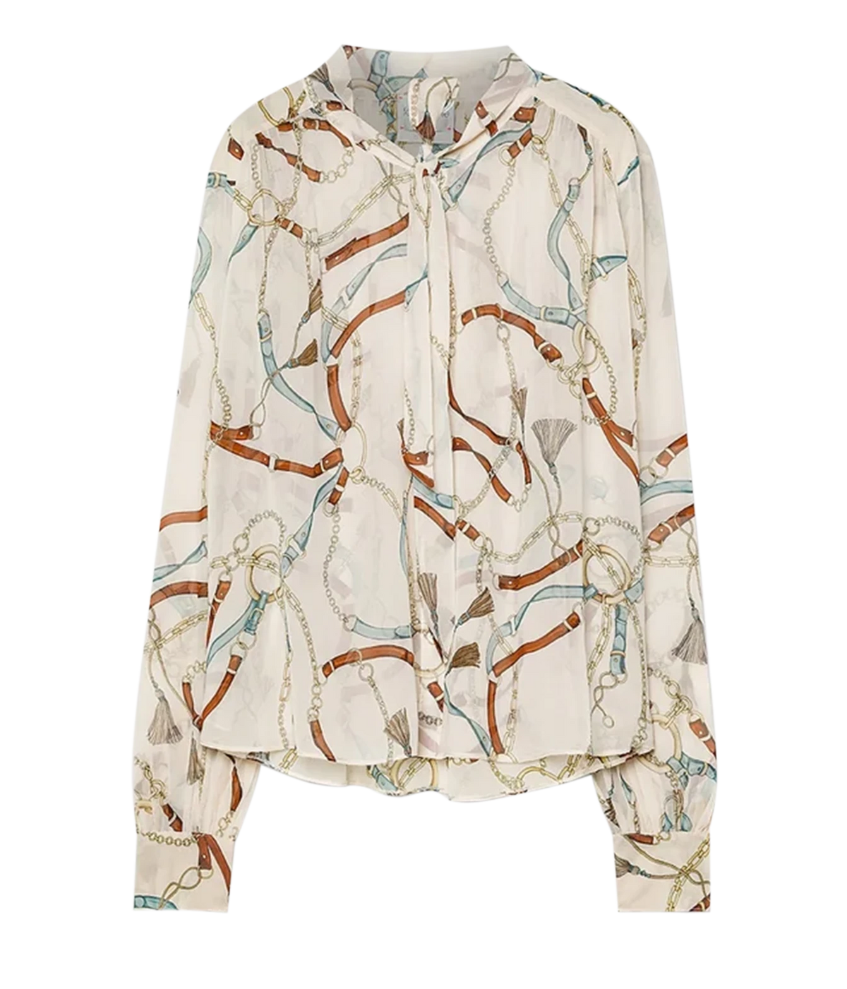 Front product view of the Forte Forte crown print georgette silk shirt in Ivory, with a placed print of straps, chains and coloured ribbons.