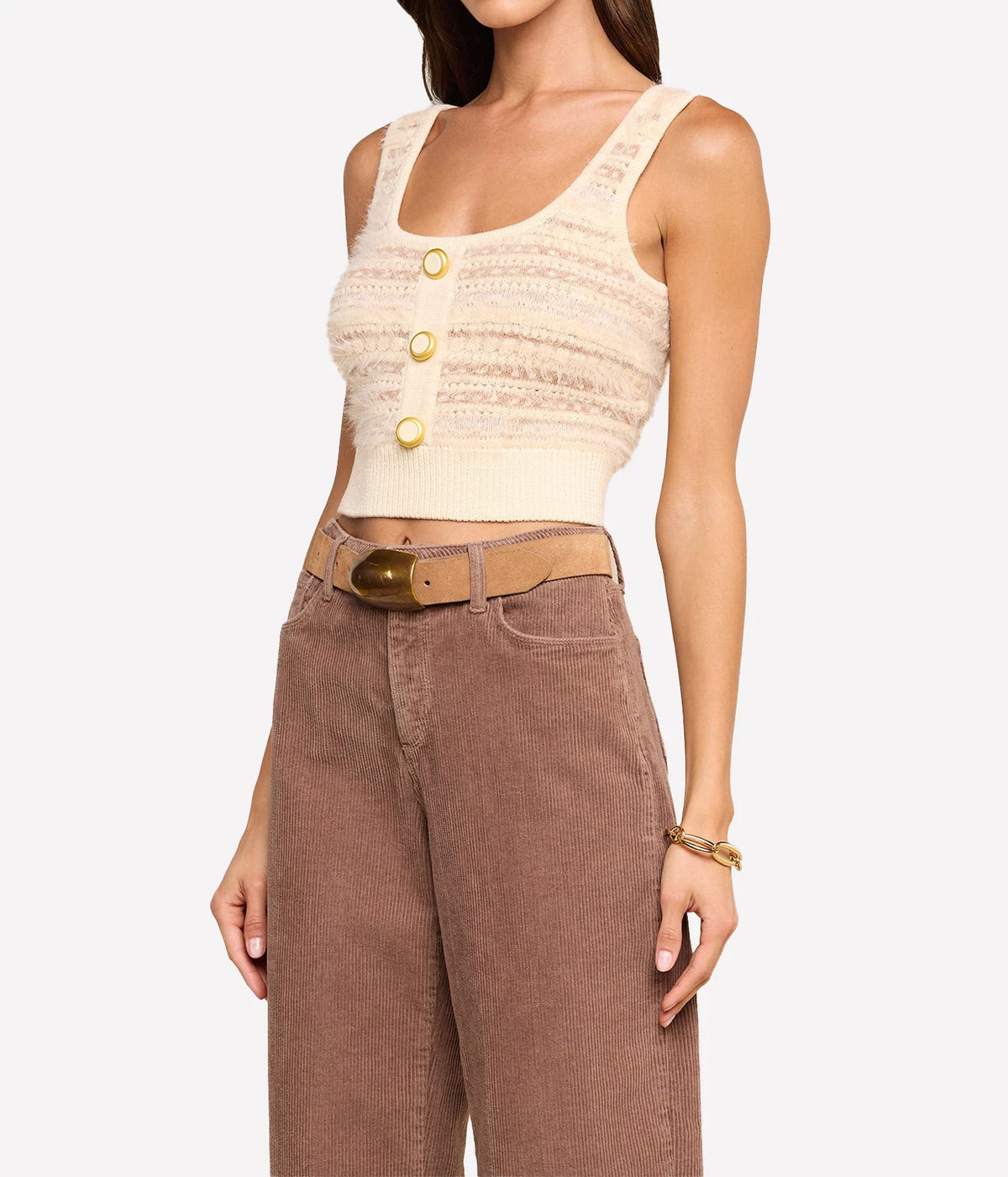 Lagence Galene Mixed Stitch Tank In Ecru Natural Multi - model close up side shot with tank and brown cord pants