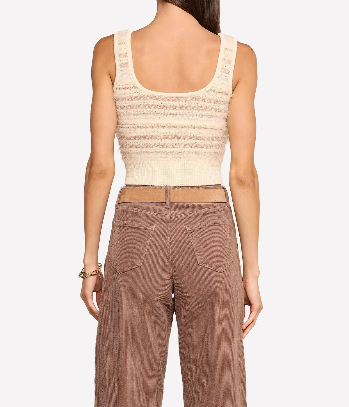 Lagence Galene Mixed Stitch Tank In Ecru Natural Multi - model close up back shot with tank and brown cord pants