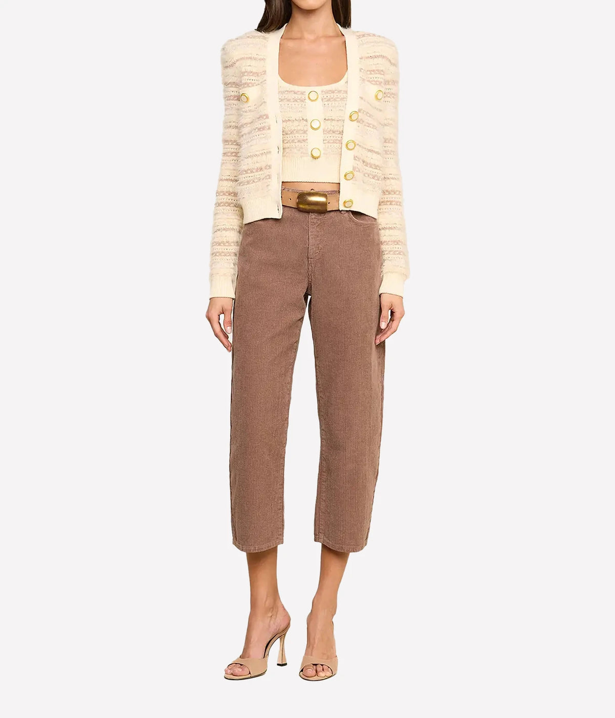 Lagence Galene Mixed Stitch Tank In Ecru Natural Multi - model full body front shot with tank and matching cardigan and brown cord pants