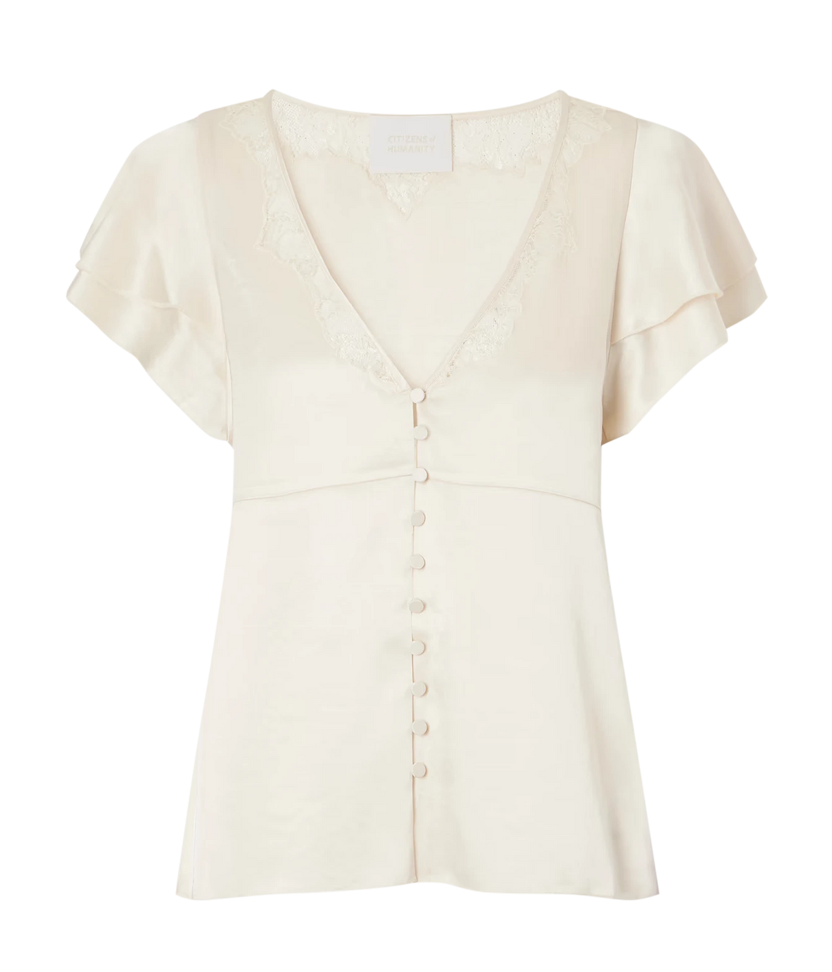 Citizens Of Humanity Lola Flutter Lace Sleeve Top in Cream shown on its own from the front, showing the V-neckline with lace trim, layered flutter sleeves, seamed bodice and covered button front